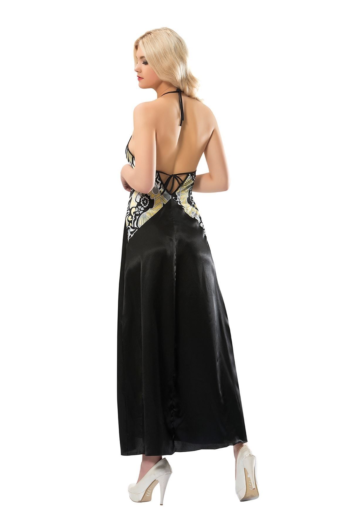 Lenaca Siyah Dantelli Saten Gecelik - 086