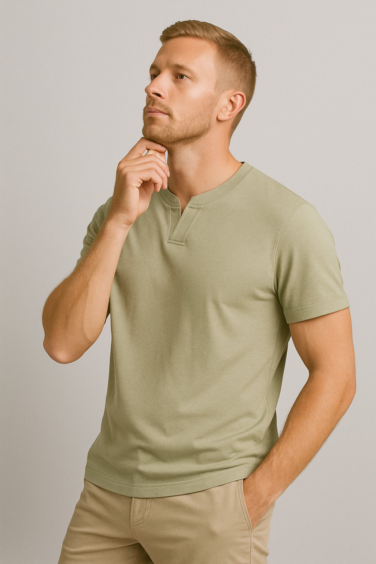 UOMOPARK KOPYA - 2124 Henley Tişört Kahverengi Düğme Detaylı Basic Casual T shirt