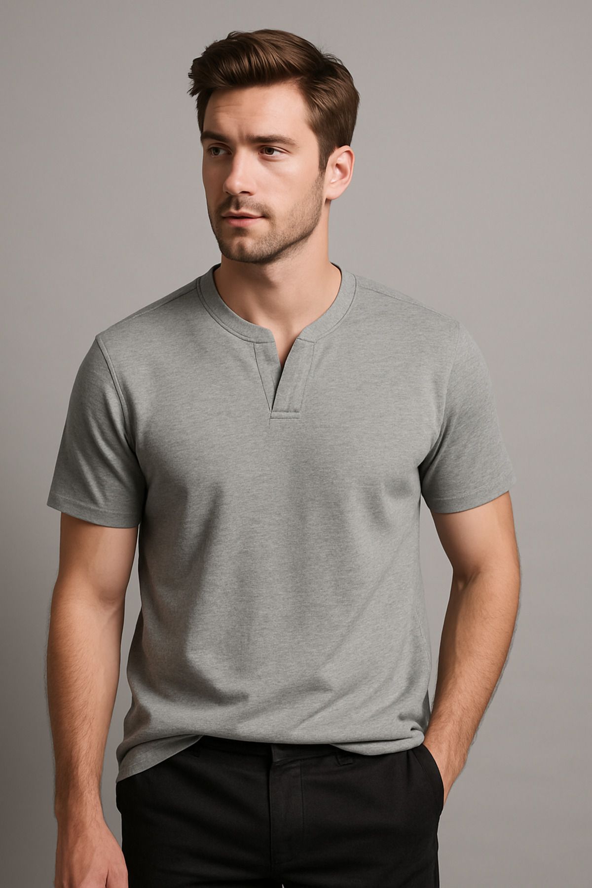 UOMOPARK KOPYA - 2124 Henley Tişört Kahverengi Düğme Detaylı Basic Casual T shirt