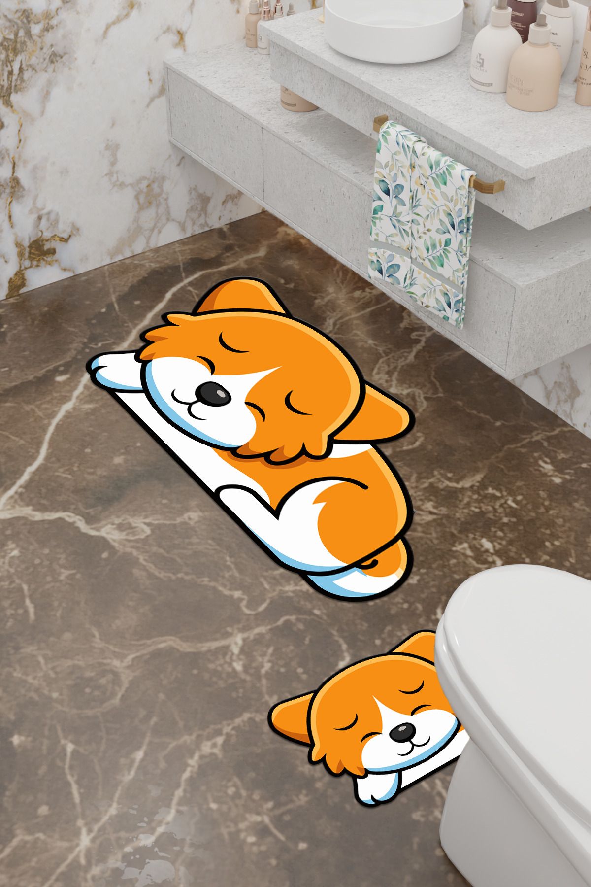 Charmbi-Tatlış Dog Patterned Eco Bath Mat, Non-Slip Base, Machine Washable, Digital Printing Set of 2 3