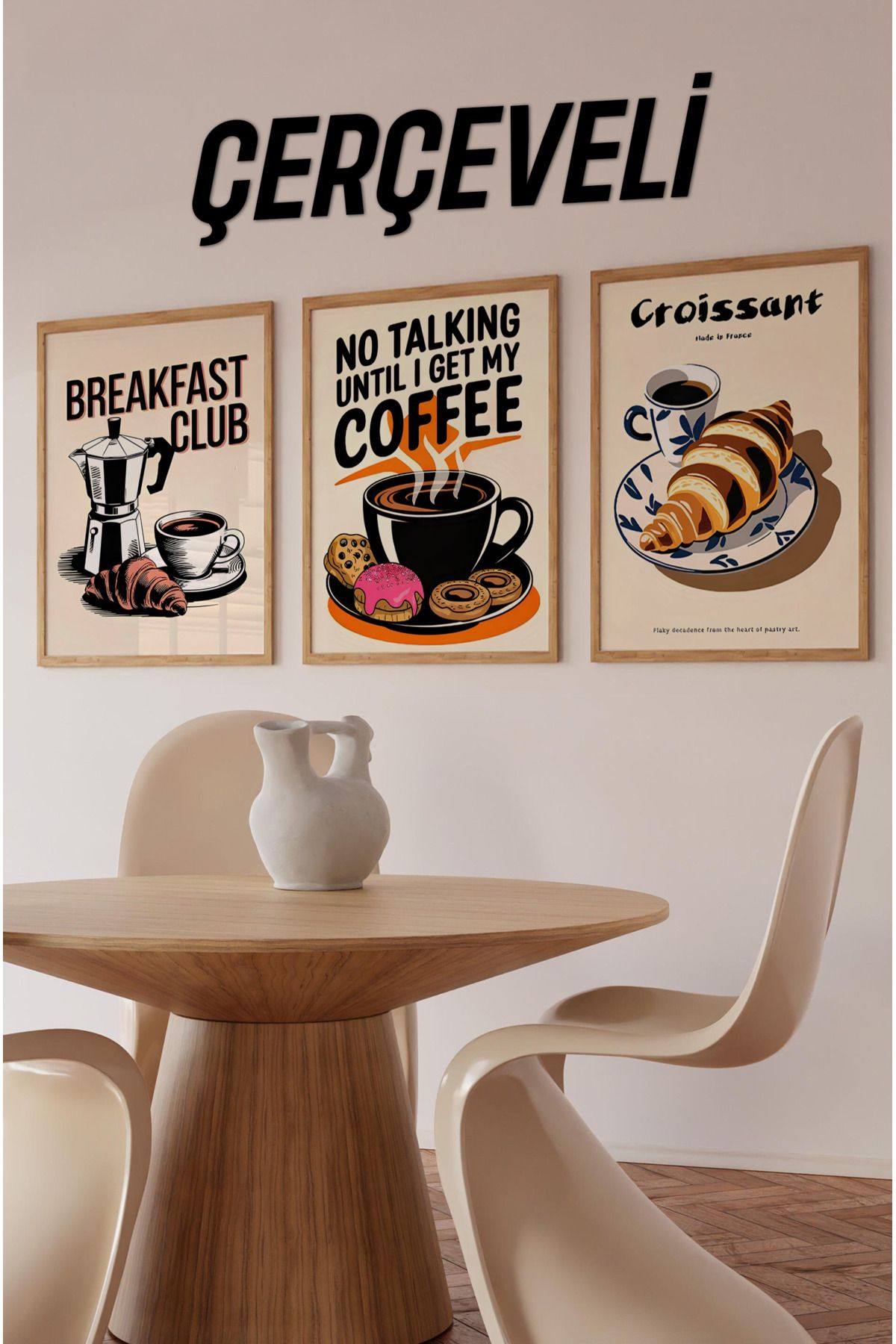 kutuTR ☕ Kahvaltı Keyfini Duvarlarınıza Taşıyın – Çerçeveli 3’lü Kahve Temalı Tablo Seti CRV1019