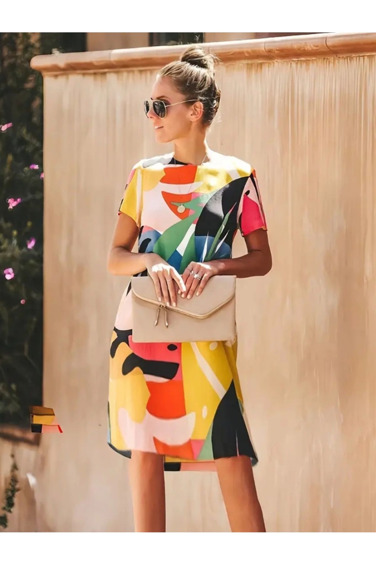 Jessica Dafer Şık Yuvarlak Yaka Kısa Kol Geometrik Desen Trend Elbise
