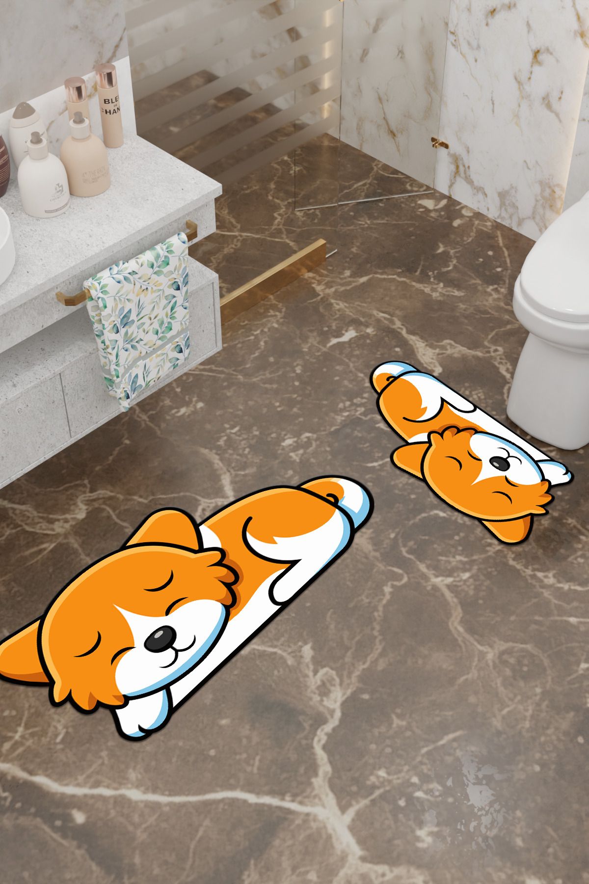 Charmbi-Tatlış Dog Patterned Eco Bath Mat, Non-Slip Base, Machine Washable, Digital Printing Set of 2 2