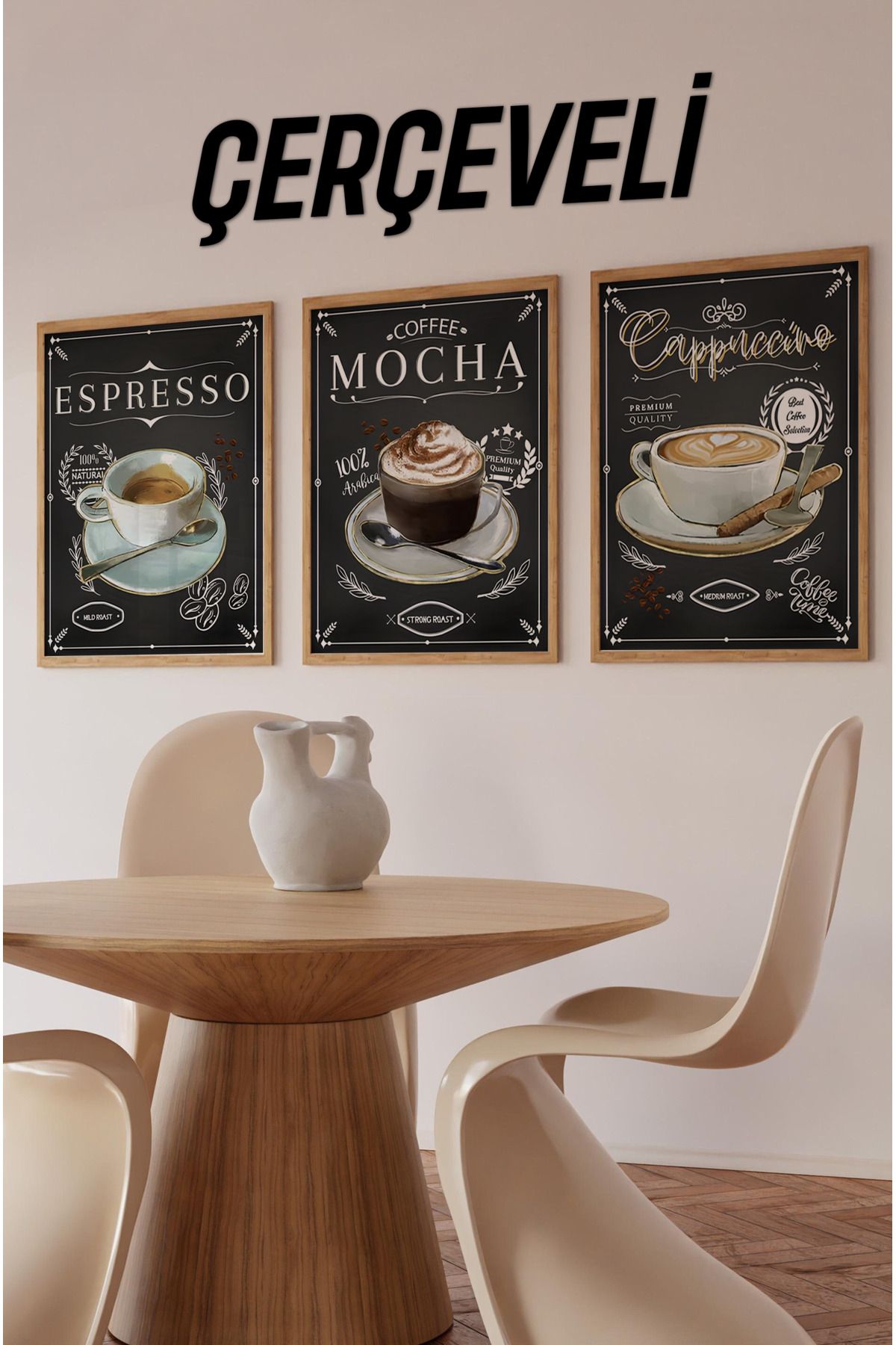 kutuTR ☕ Kahve Lezzetleri – Espresso, Mocha ve Cappuccino Çerçeveli Tablo Seti (3'lü) CRV1021