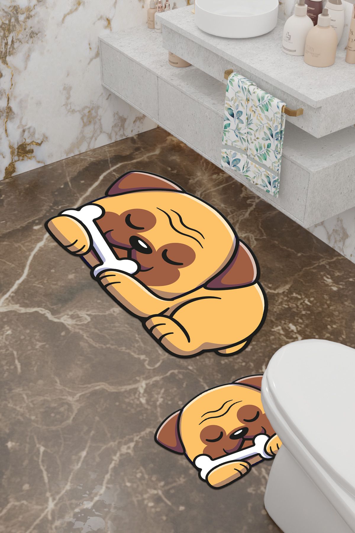 Charmbi-Tatlış Dog Patterned Eco Bath Mat, Non-Slip Base, Machine Washable, Digital Printing Set of 2 3