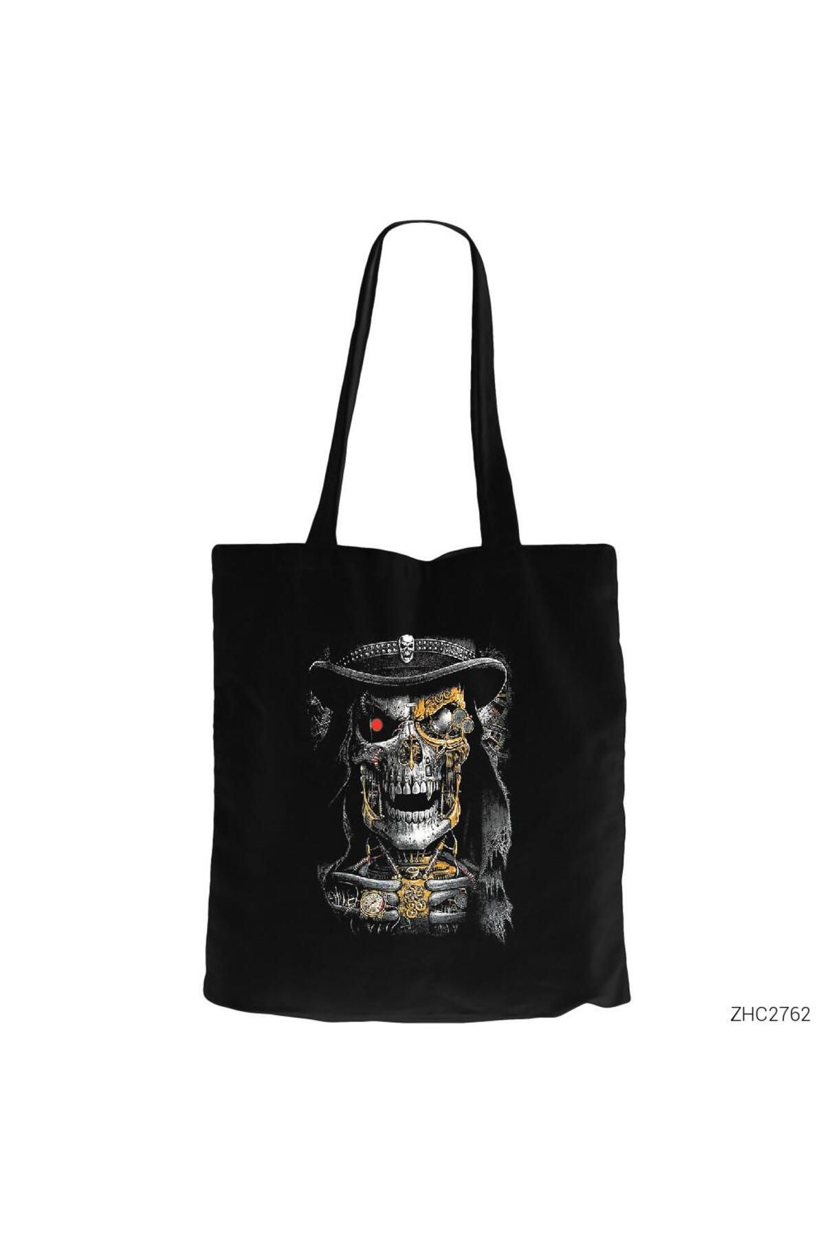 Z zepplin Terminator Skull Siyah Fermuarlı Bez Çanta Gabardin