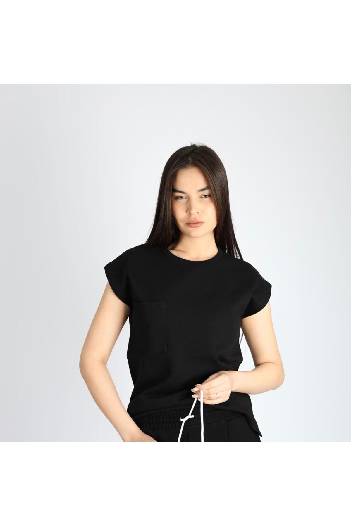 PRADIER %100 organik pamuk bisiklet yaka cepli t-shırt-SİYAH