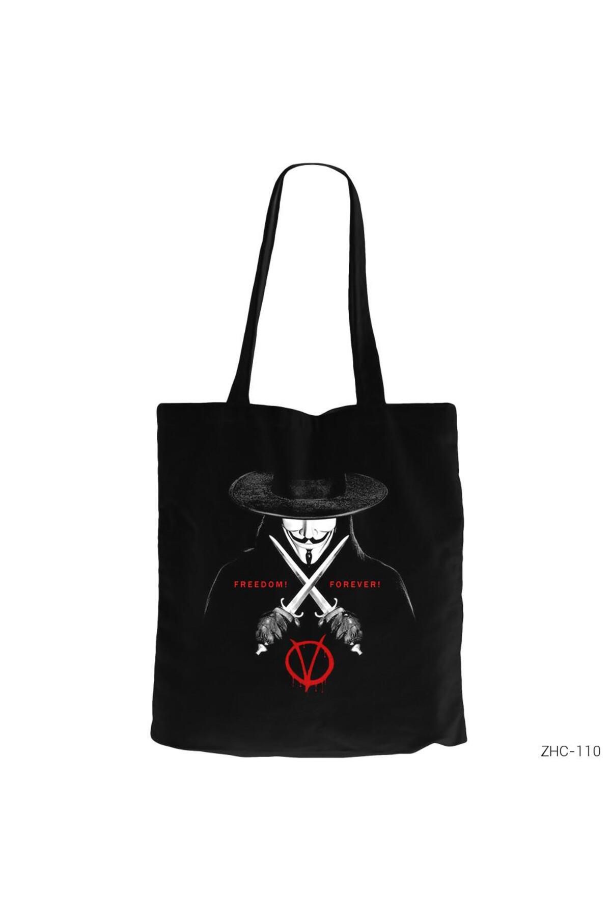 Z zepplin V for Vendetta Freedom Siyah Fermuarlı Bez Çanta Gabardin