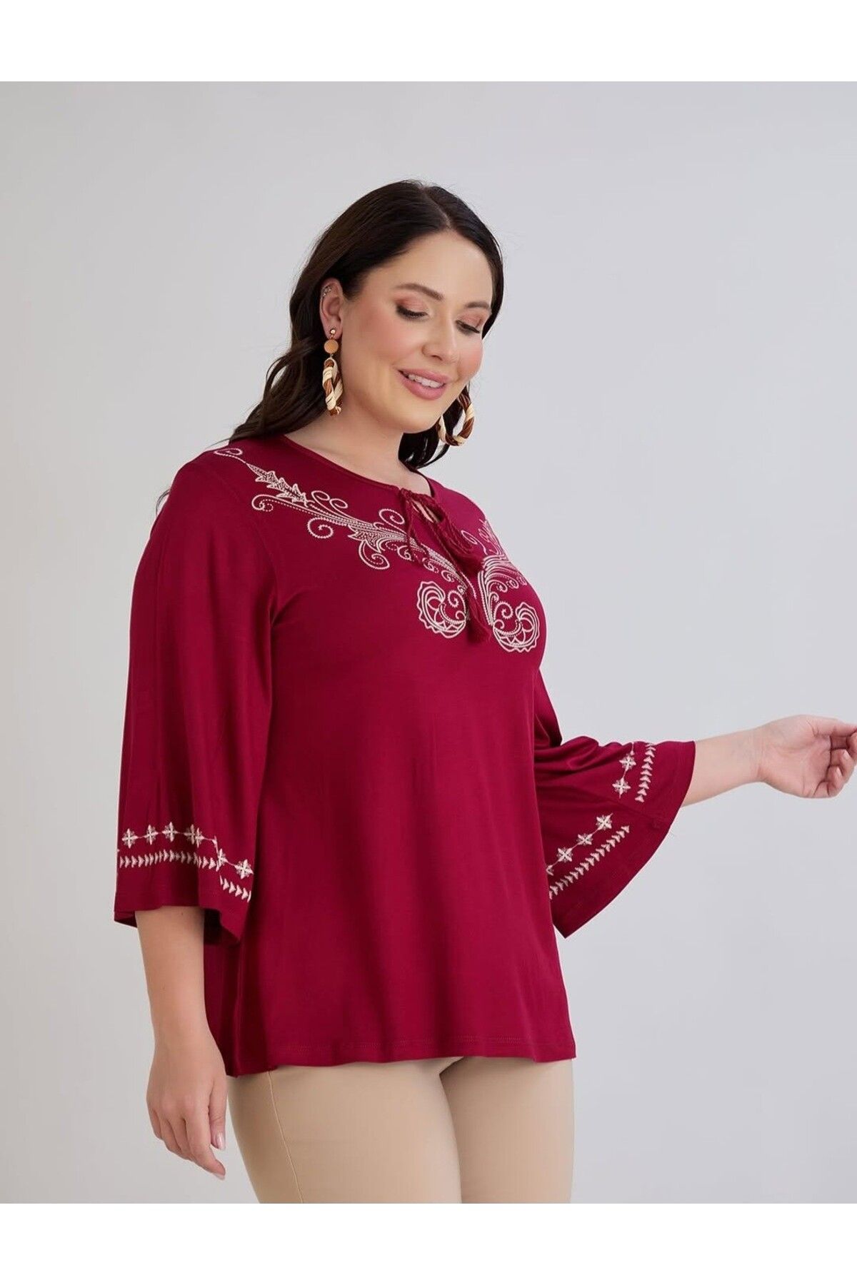 Te&Te Kadın büyük beden önü ve kolları desenli bluz