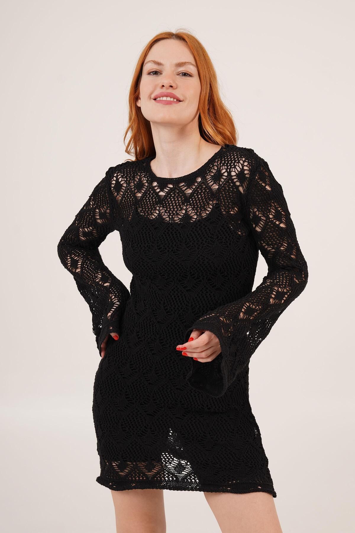 Castivo Fashion Ajurlu Dantel Dokulu Astarlı Mini Elbise - Siyah & Ekru (Standart Beden)