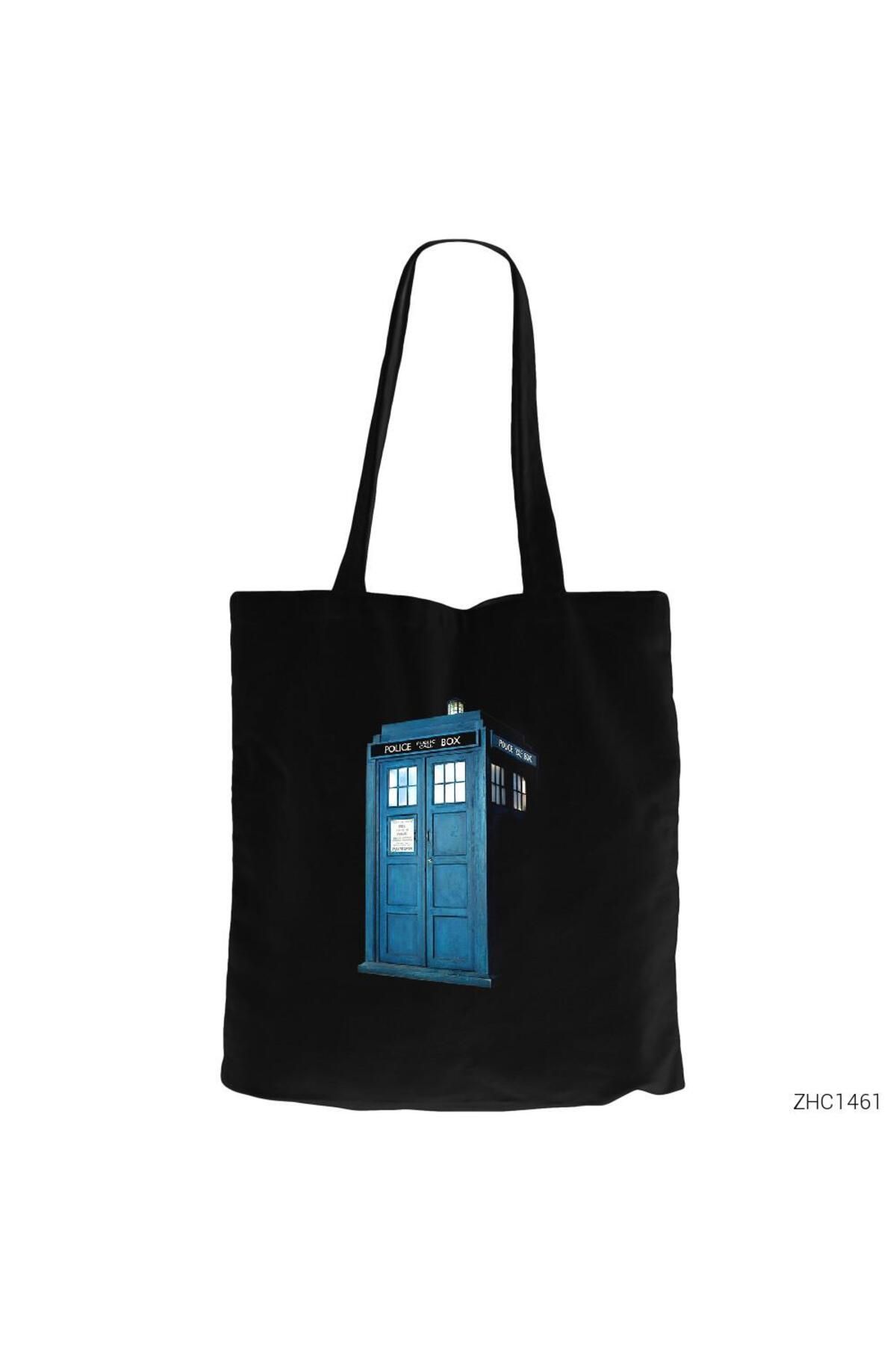 Z zepplin Doctor Who Tardis Siyah Fermuarlı Bez Çanta Gabardin