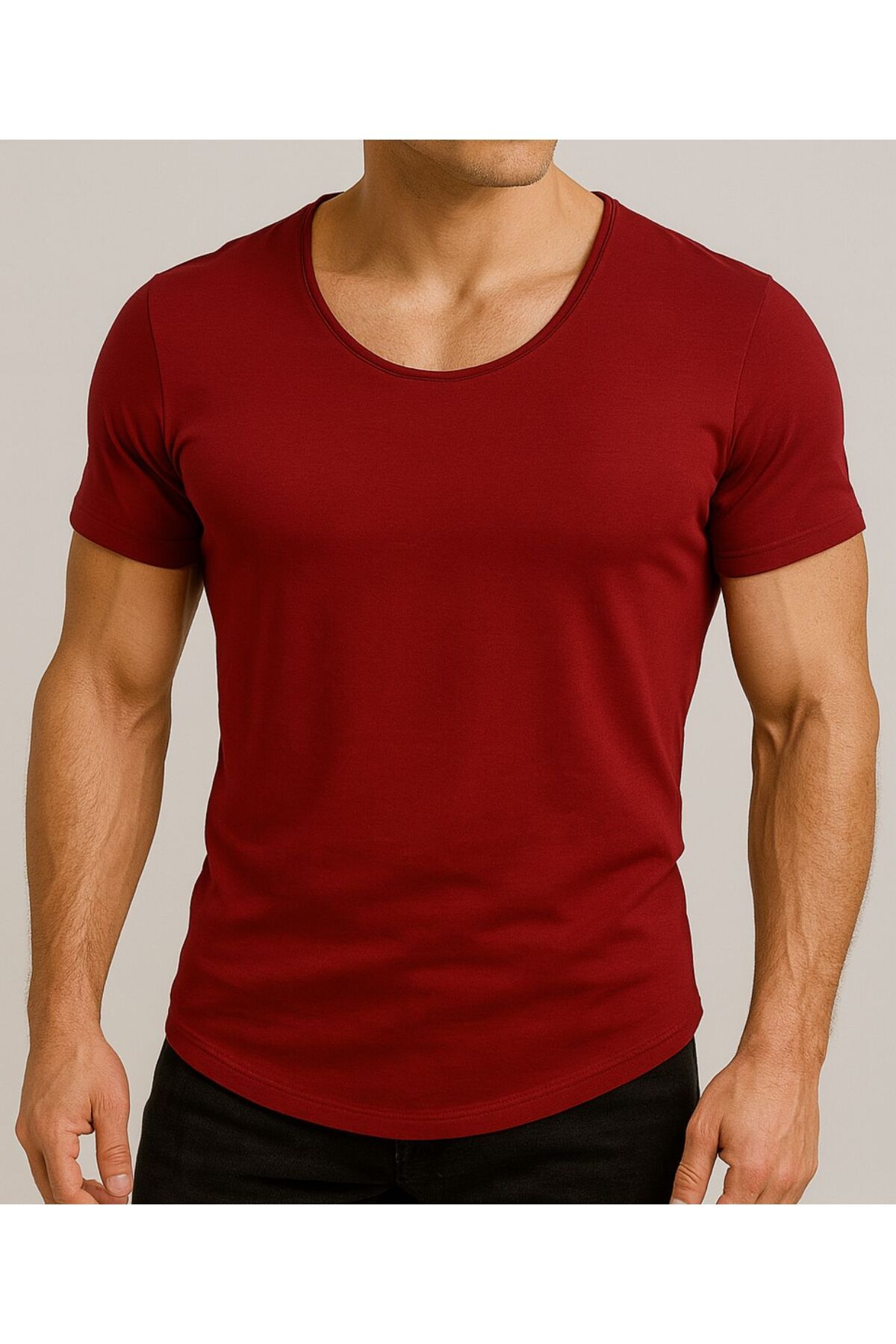 BYBÜLENT Erkek Siyah Oval Etek Geniş Yaka Slim Fit Kısa Kollu Tişört T-Shirt