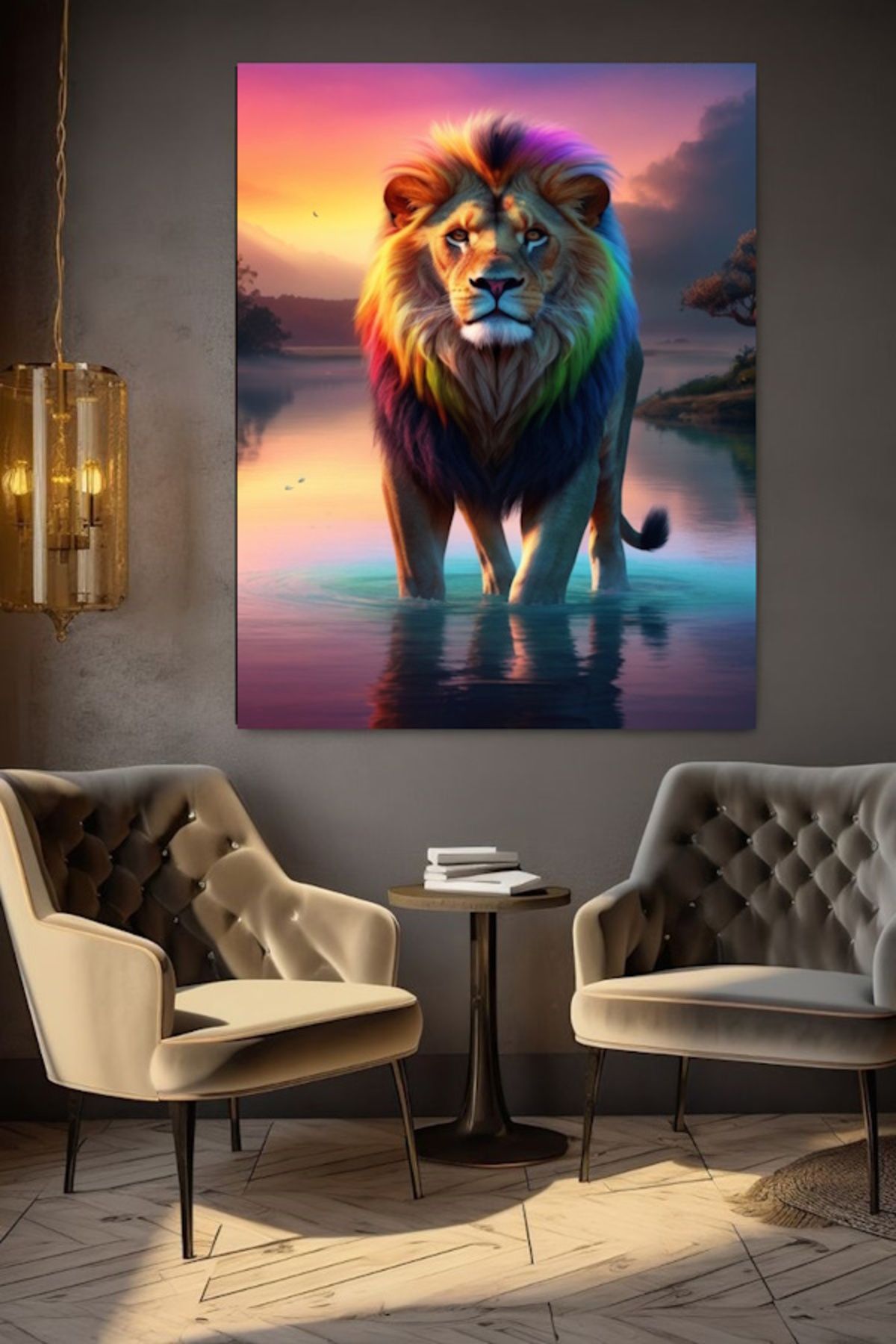 özkacar NEHİRDEKİ ASLAN KRAL KANVAS TABLO EV DUVAR SALON OFİS DÜKKAN HEDİYELİK DEKARASYON SÜSÜ