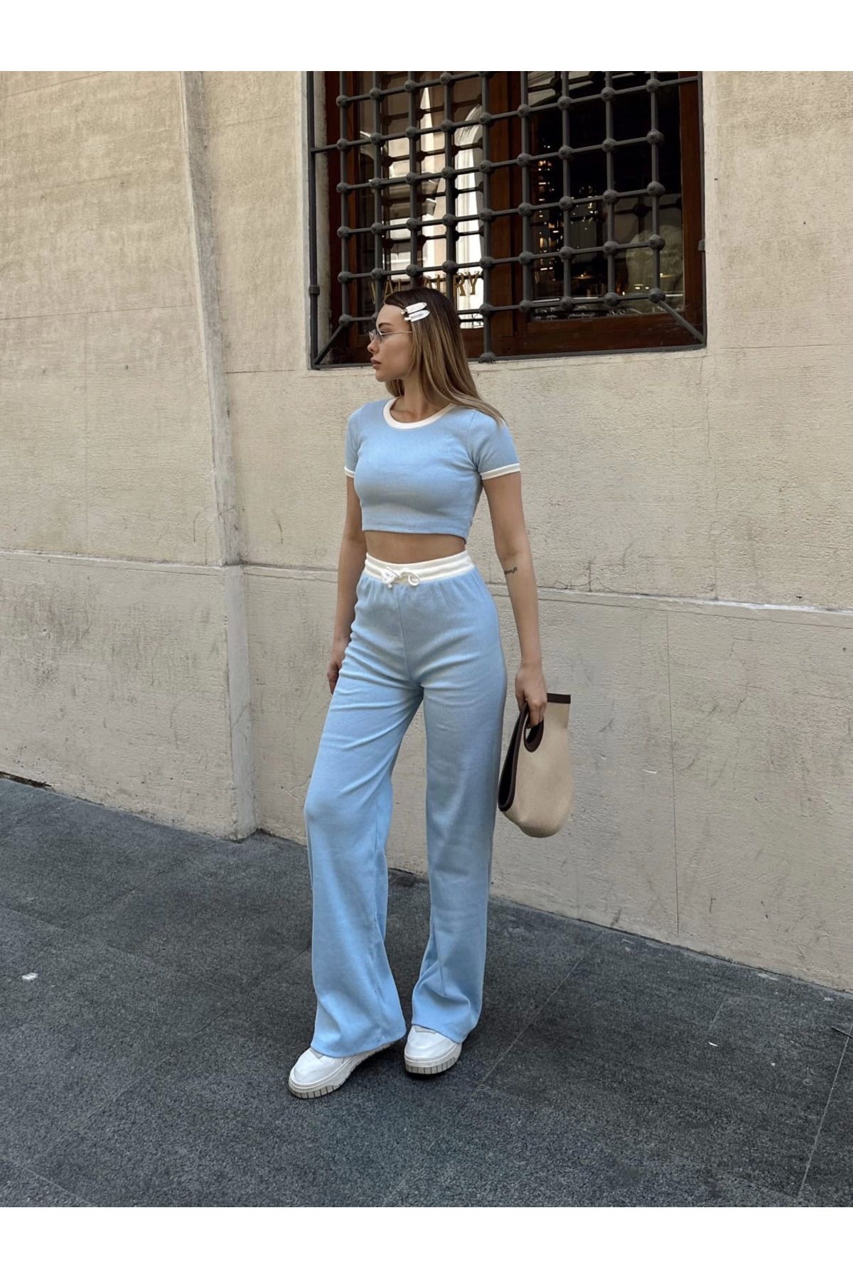 Zerenyus Crop Pantolon Biyeli Alt Üst Takım Mavi
