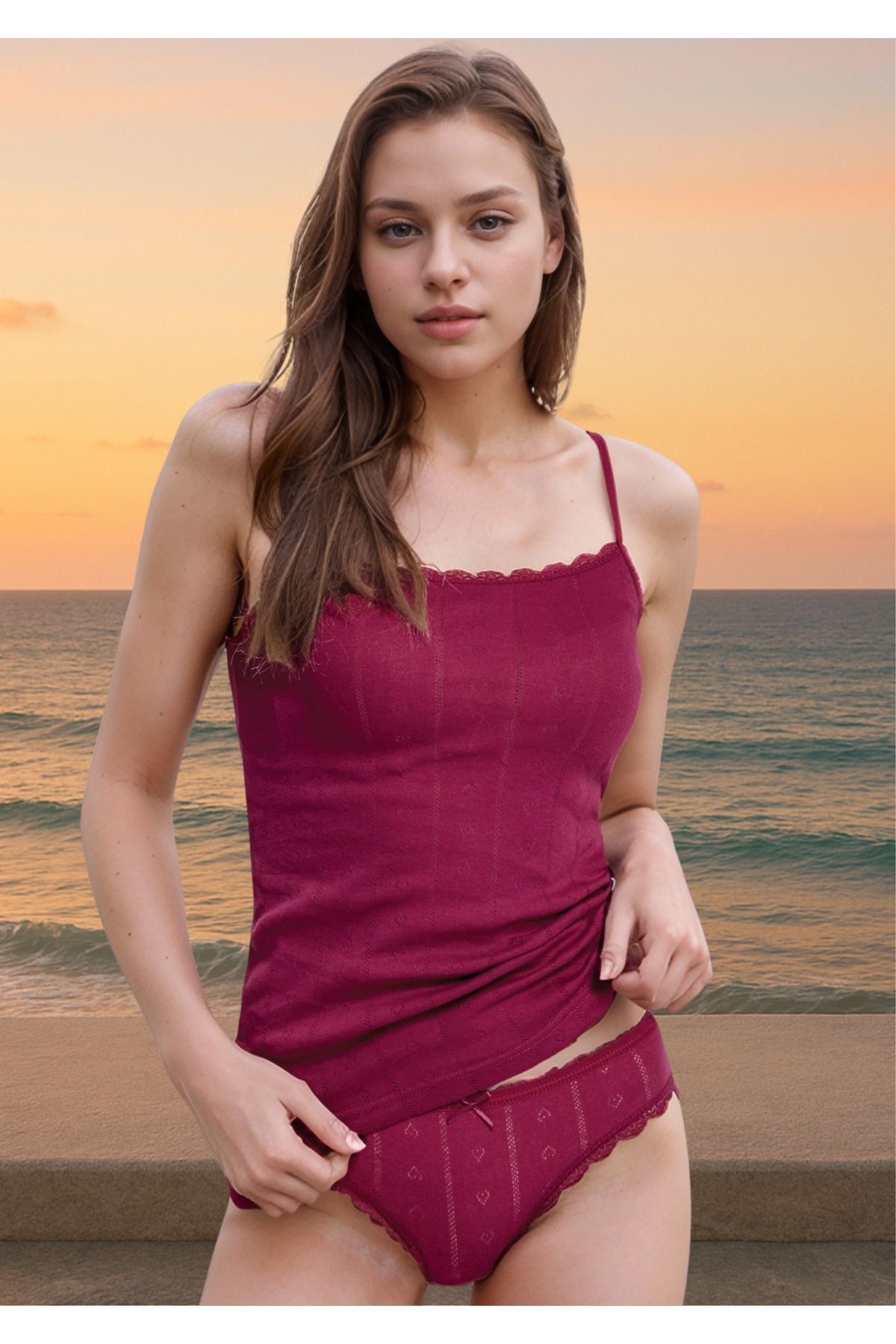 Loule KOPYA - %100 Pamuklu Kalp Desen Dantelli Vişne İp Askılı & Bikini Külot 2'li Takım LL.IL22.KE94.001