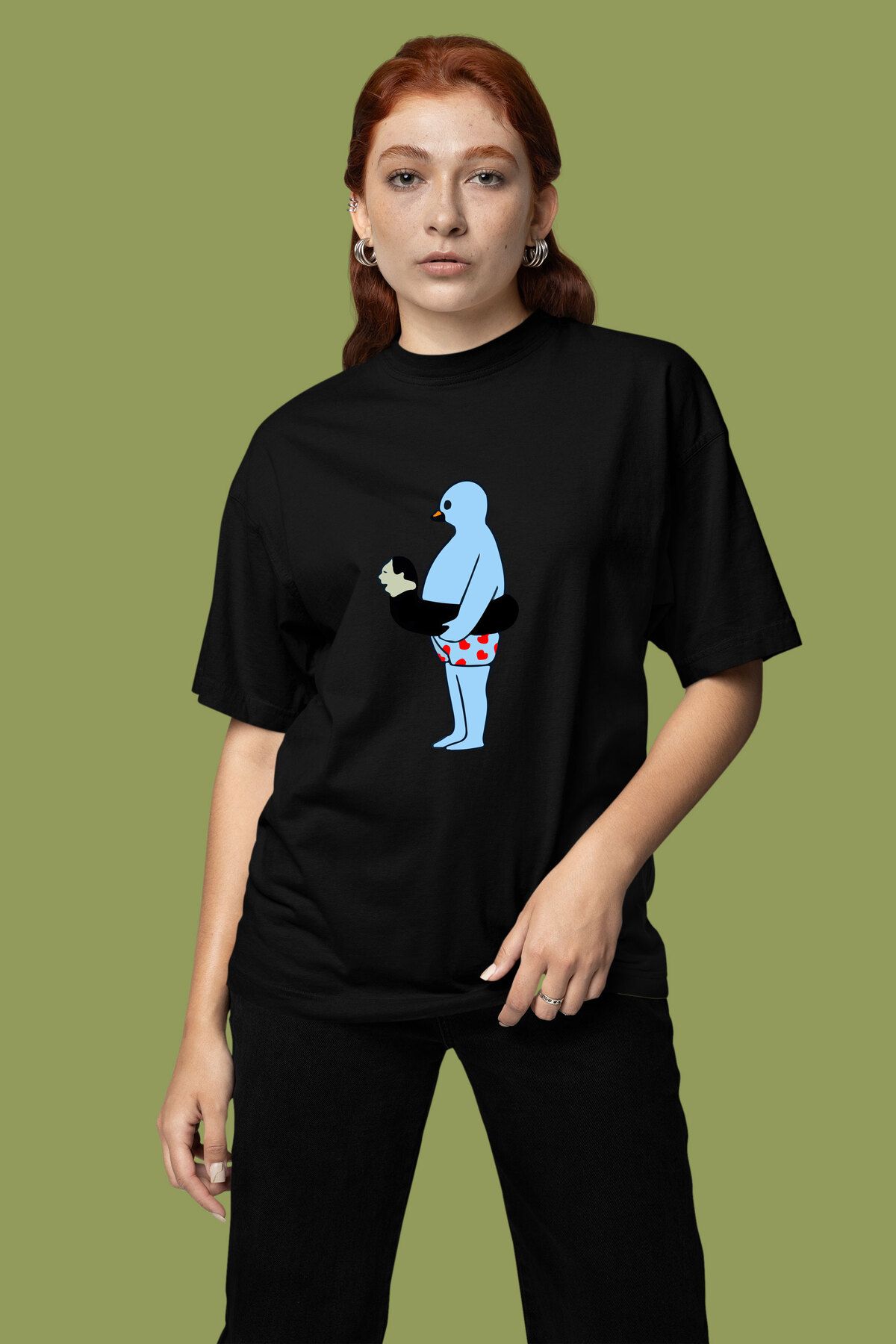 onsrawear Komik Tasarımlı Yüzme Simidi ve Adam Baskılı Oversize %100 Pamuk T-shirt