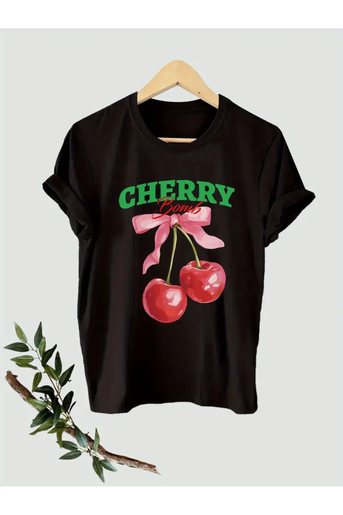 CLASİVA Cherry Baskılı Unisex Oversize Bisiklet Yaka T-shirt