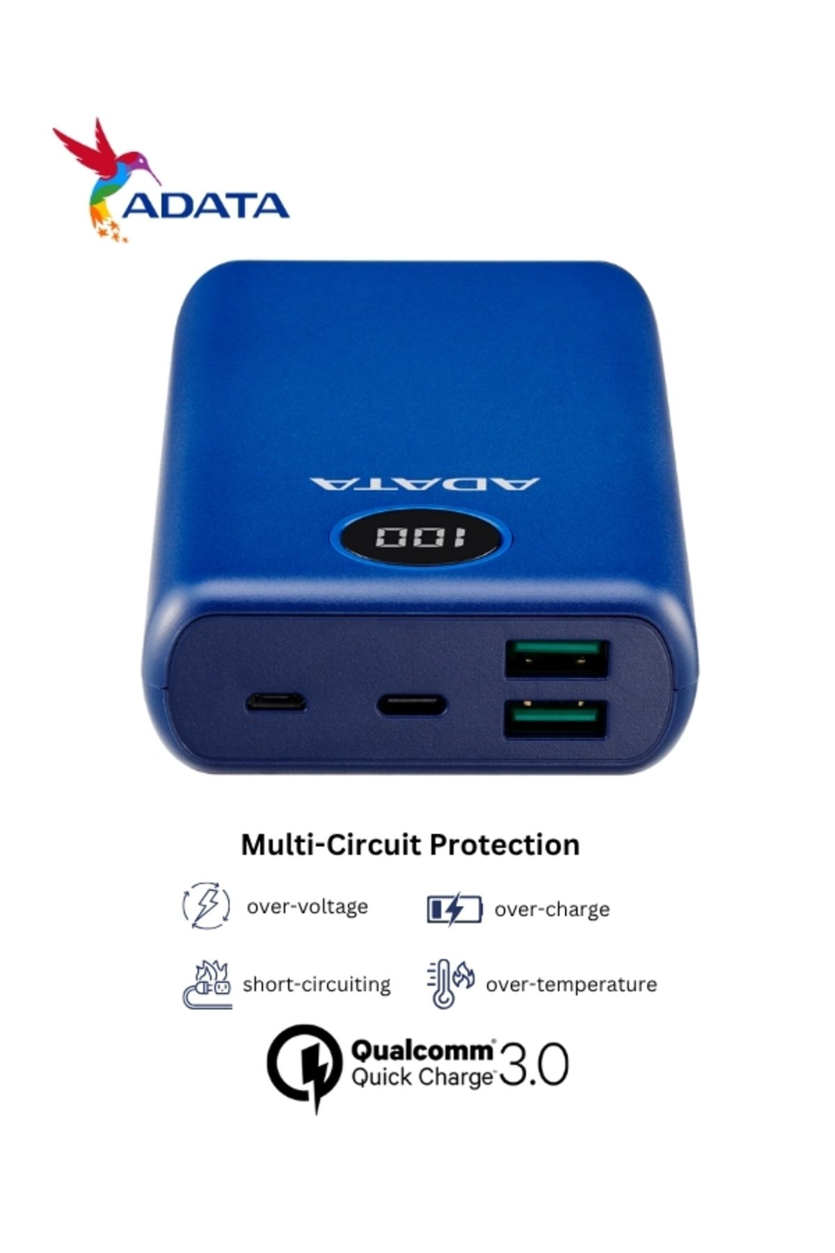 Adata-Power Bank P20000QCD | 20,000 mAh | Fast Charging Qualcomm QC 3.0 USB Type-C and Type-A | 18 watt 3