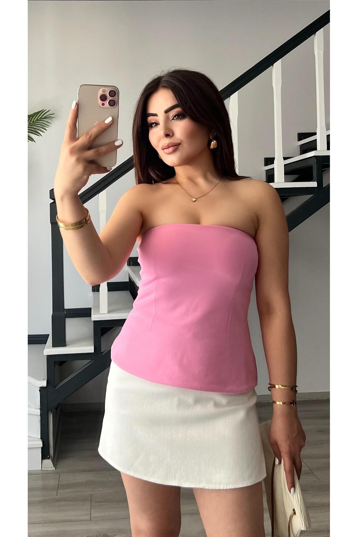 Oslove Pembe Straplez Bluz