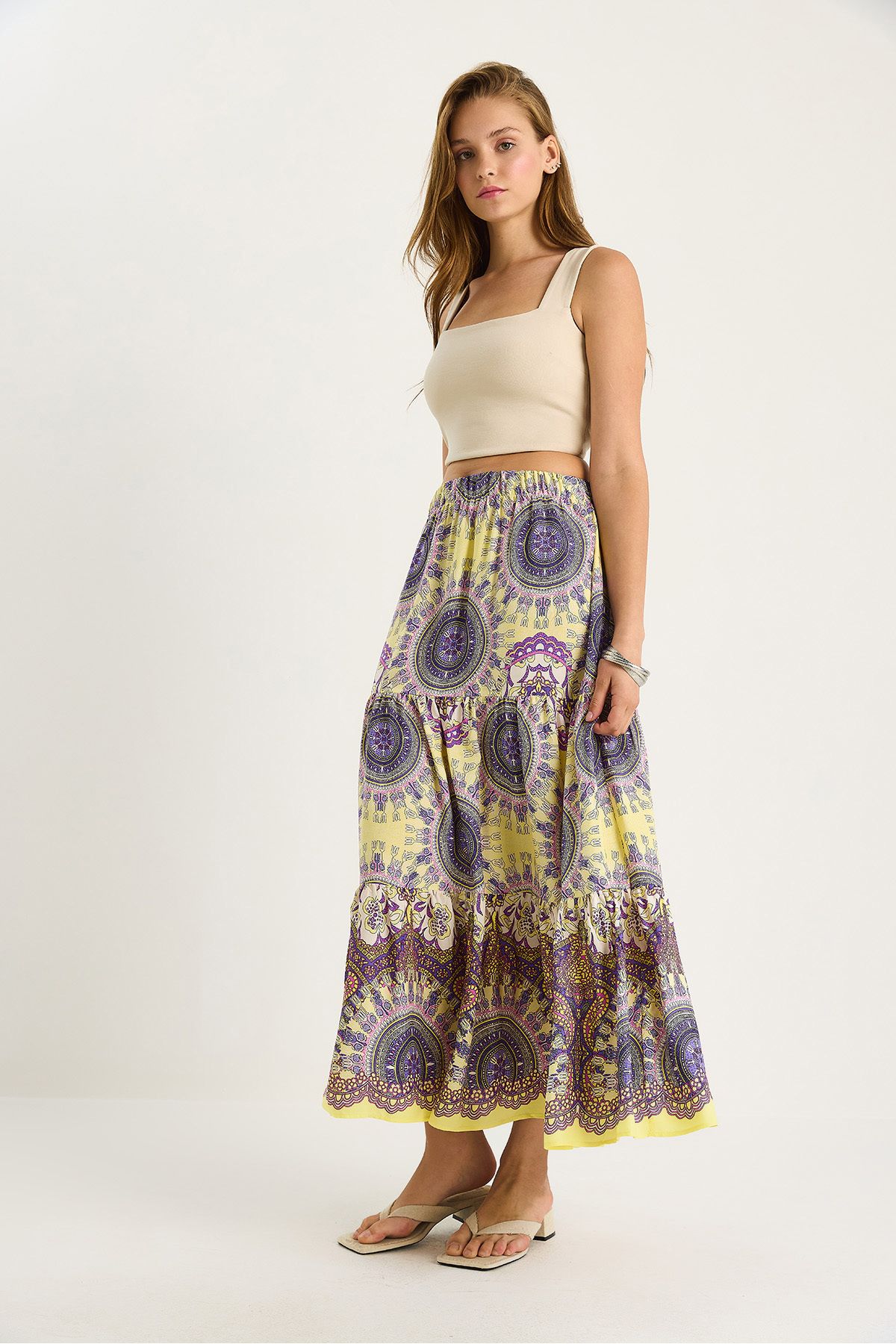 Bianco Lucci-Women's Patterned Elastic Waist Long Vsicon Skirt 8045 60283479 3