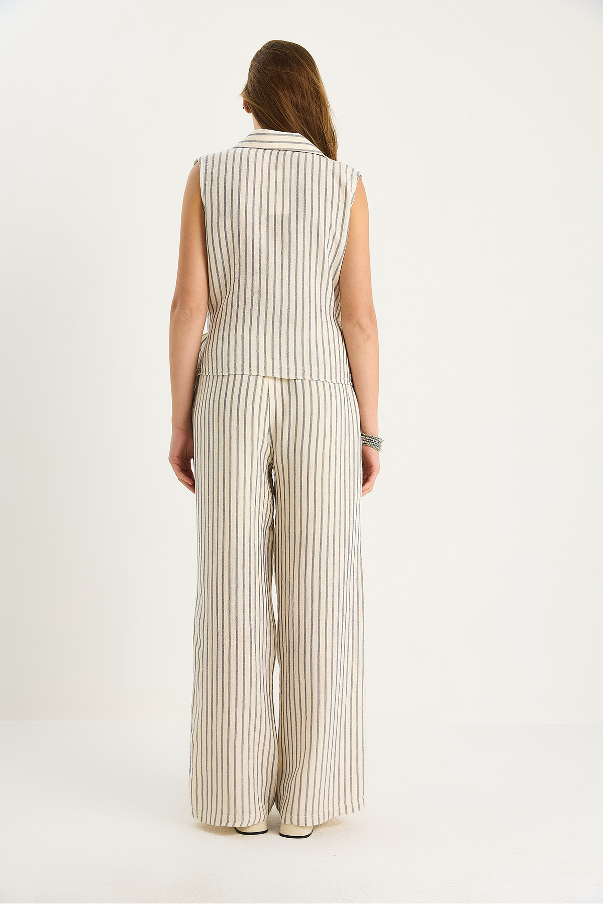 Bianco Lucci-Women's Striped Double Breasted Collar Tie Detailed Blouse Elastic Waist Lined Muslin Suit 1039 60283478 5