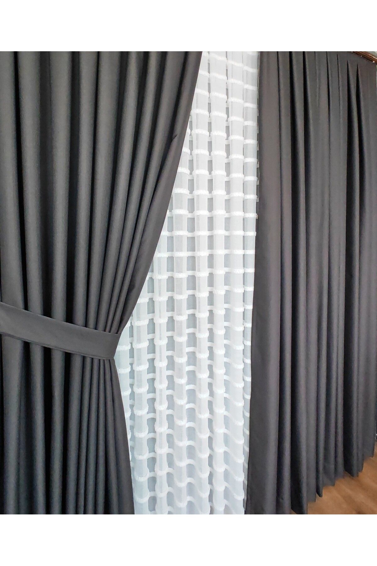 Yuka-Linen Textured Anthracite Panel Background Curtain Luxury Heavy Weight Tek Wing 1/3 Tight Pleated Solid Color 7