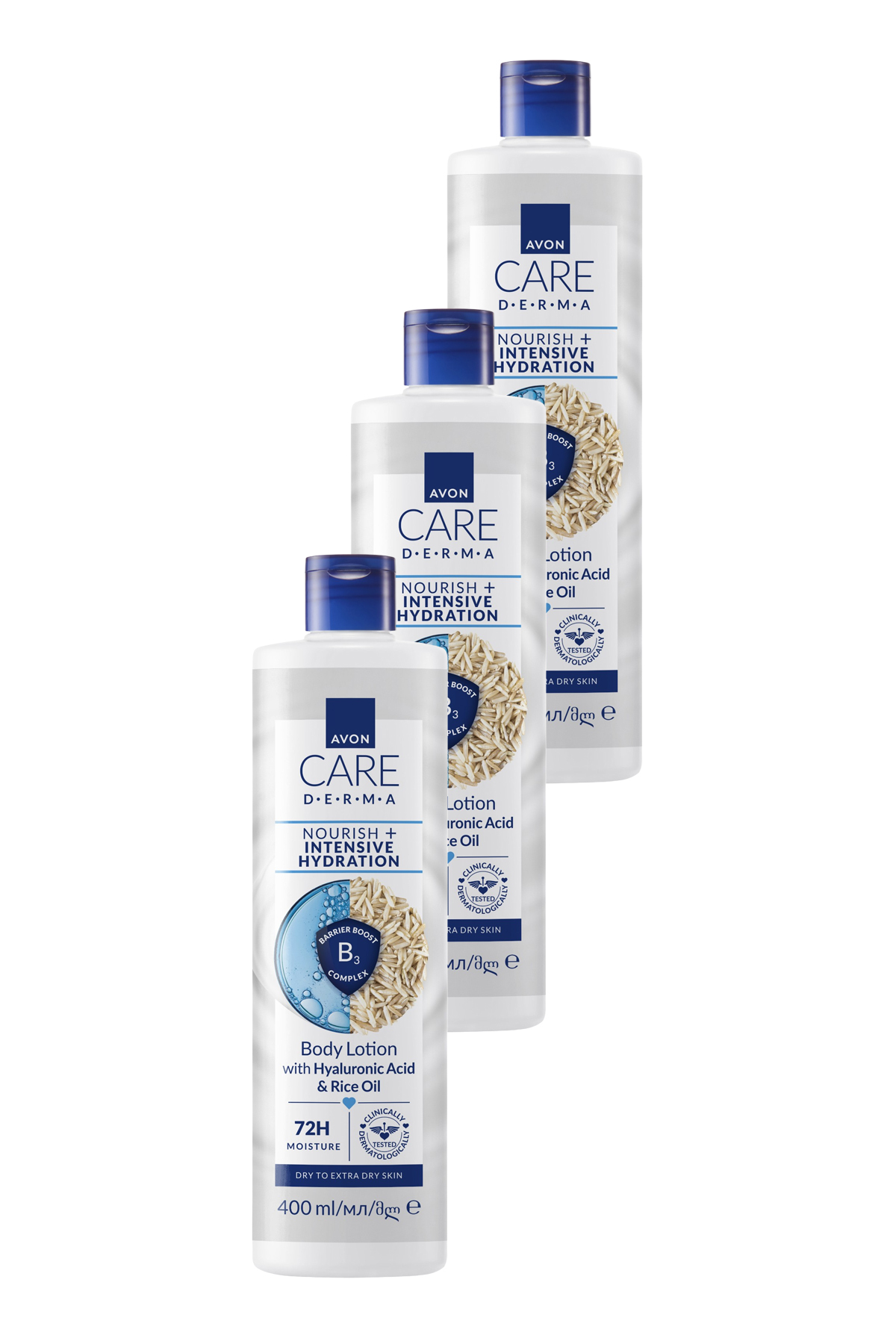 آون لوسیون بدن مغذی و آبرسان قوی درما کر، بسته سه عددی، ۴۰۰ میلی‌لیتری