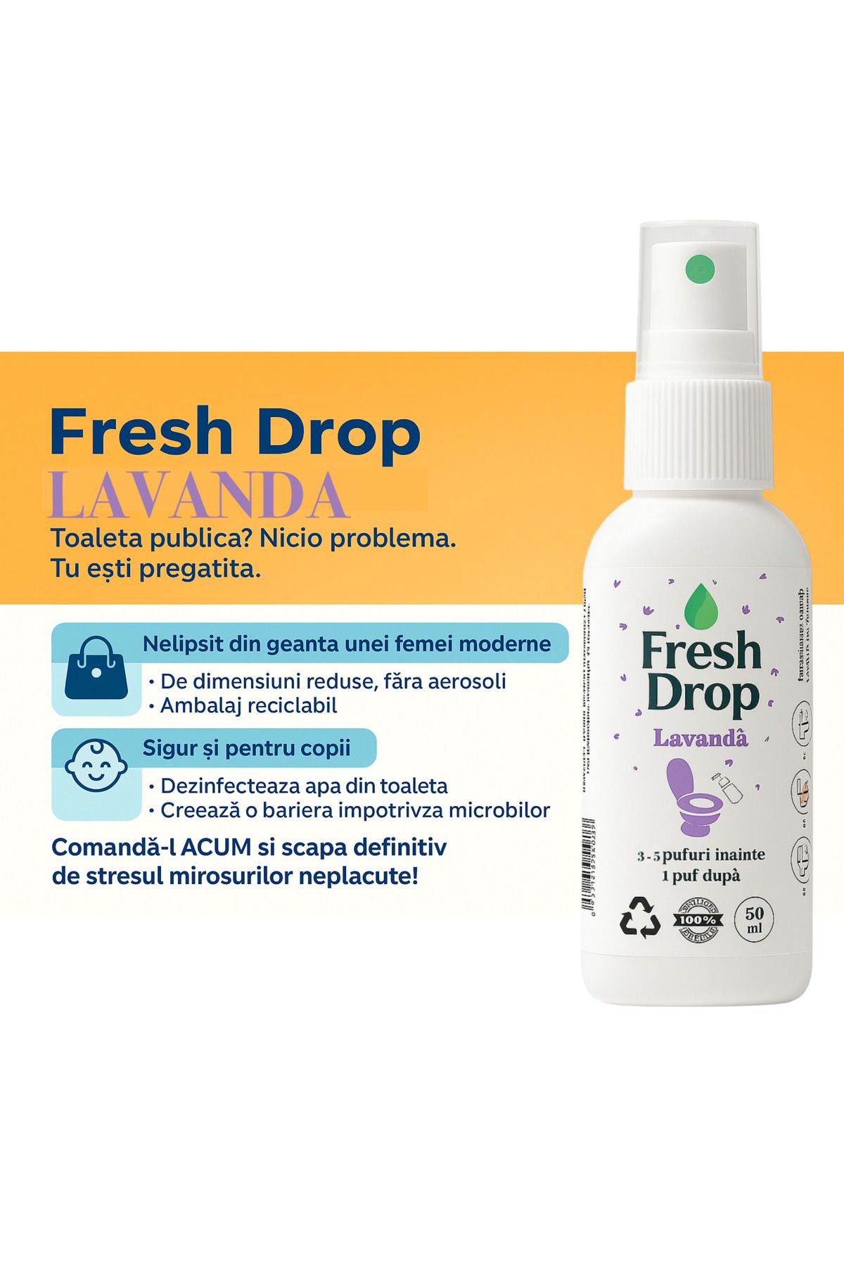 dalip-Odorizant Spray pentru WC Fresh Drop, Lavanda, Elimina Mirosul și Igienizeaza, 50ml 2