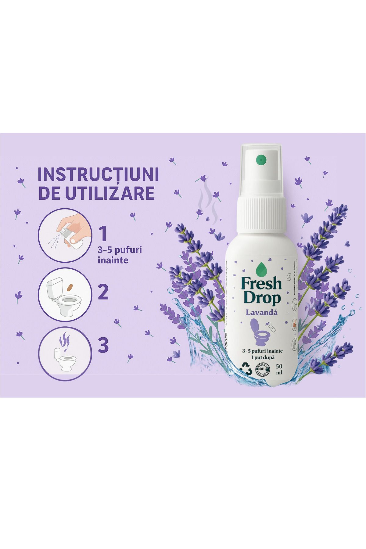 dalip-Odorizant Spray pentru WC Fresh Drop, Lavanda, Elimina Mirosul și Igienizeaza, 50ml 4