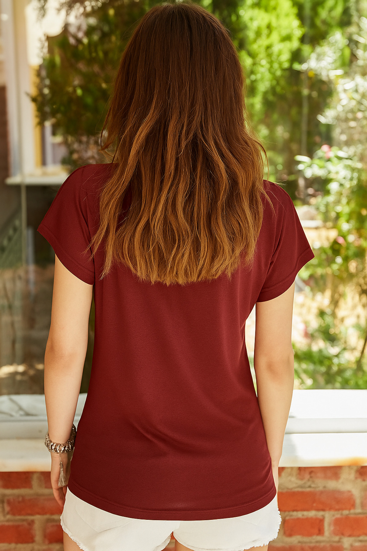 Marvine  Kadın Bordo V Yaka Kısa Kollu T-shirt - Görsel 2