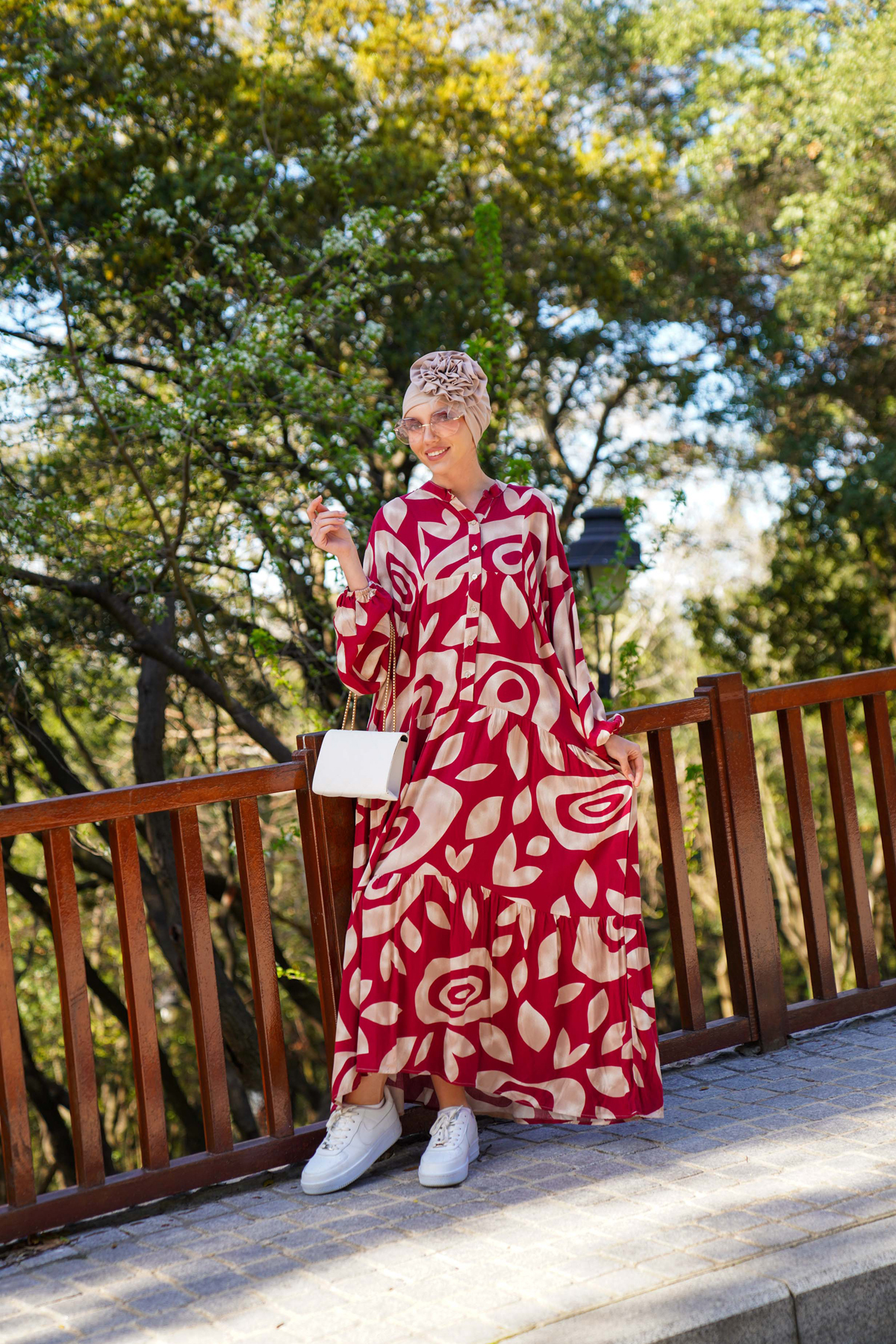 Polologin Butik Modern Patterned Burgundy Hijab Dress