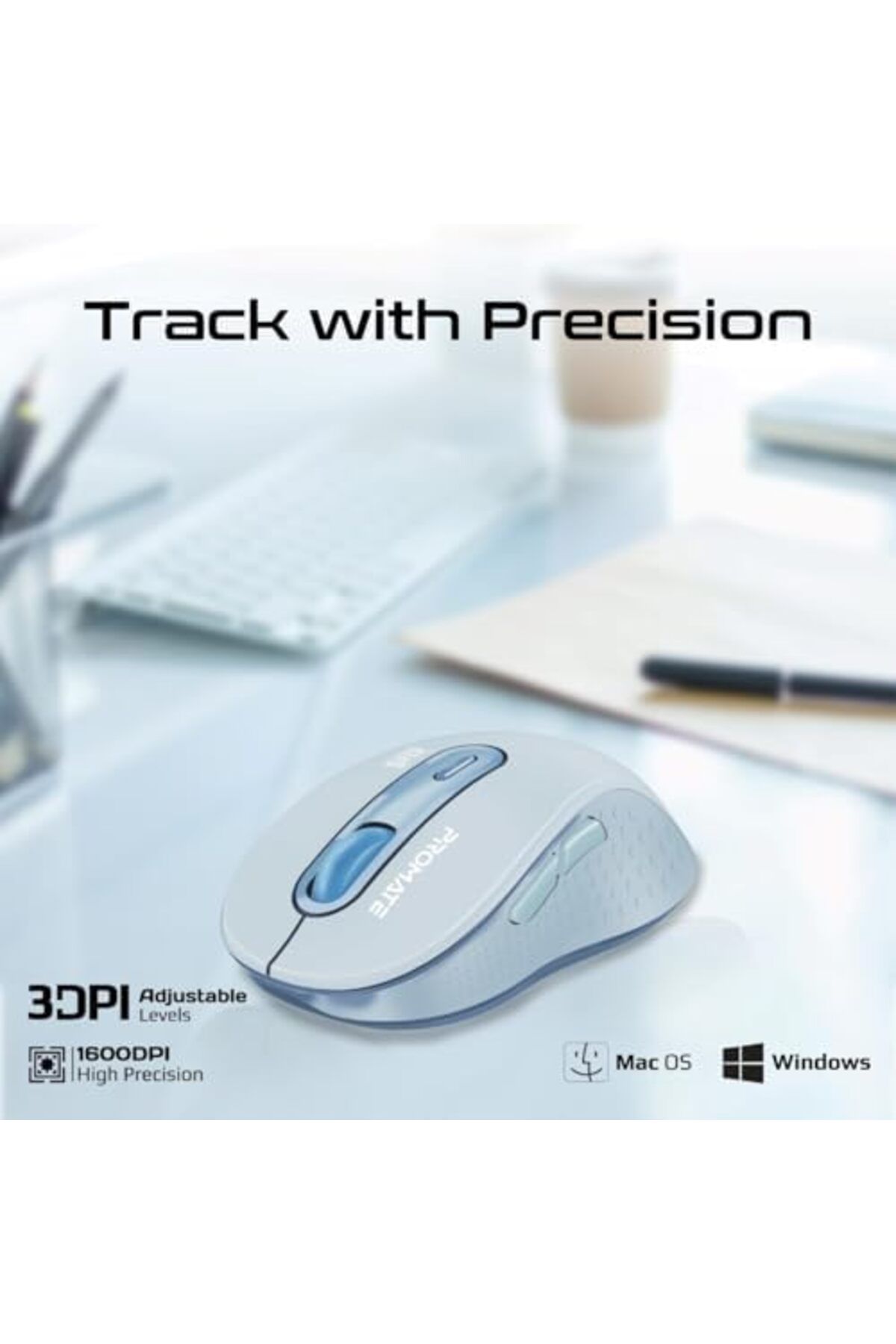 Promate-Wireless Mouse, Ergonomic Ambidextrous Wireless Mice with Dual Mode Connectivity, Bluetooth 2