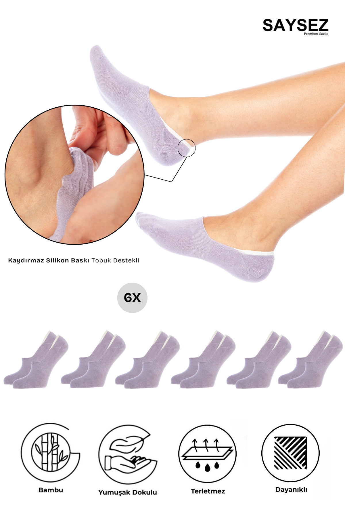 Bamboo Women's Flats Lilac Socks Seamless Invisible Anti-Slip Heel Silicone Premium 6-Pack