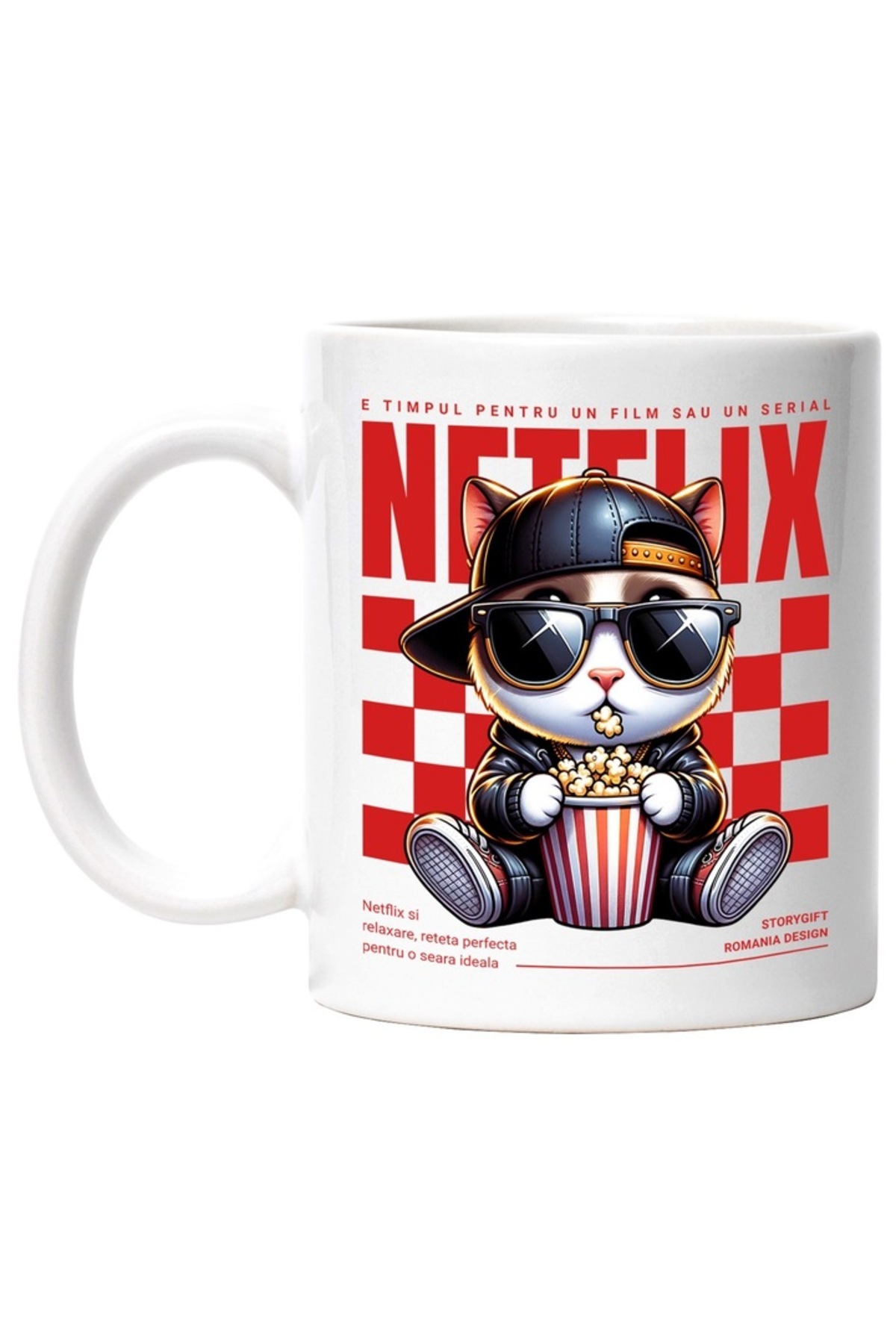 INOVATIX Cana Alba Personalizata, Netflix - Pisica Cool Cu Popcorn, Serial Sau Film, Inovatix . 330ml - One Size