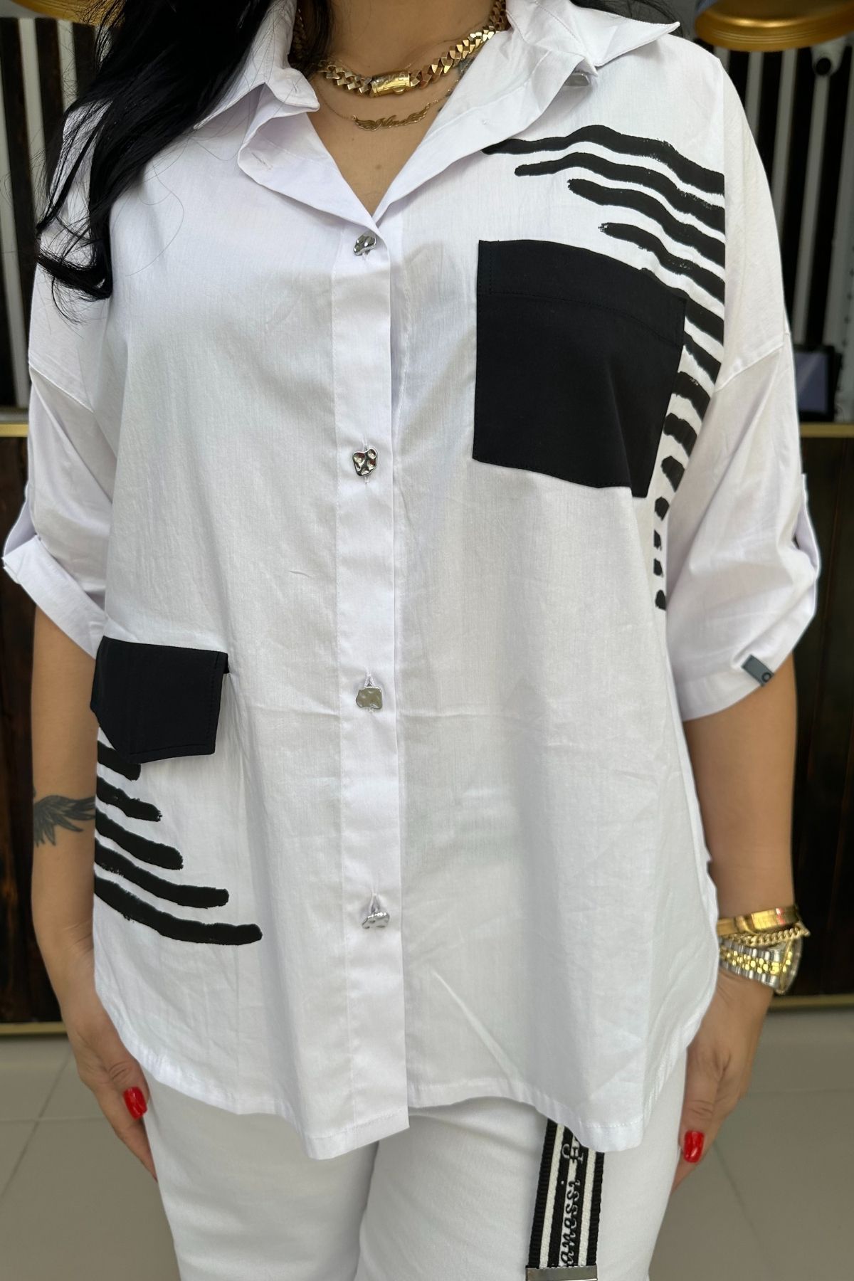 GÖKSEL-White Black Patterned Shirt Large Size 4
