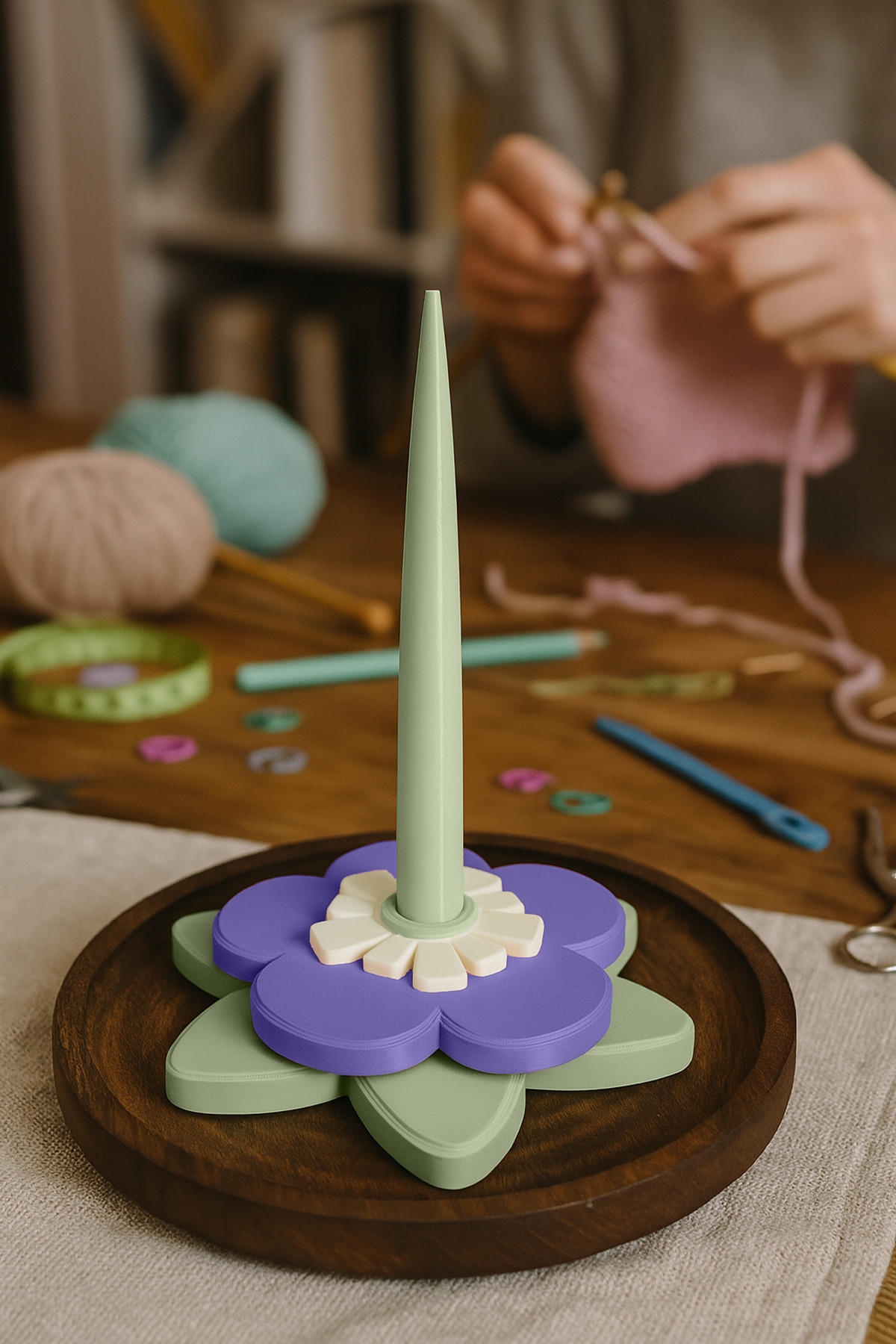 Obaco Çiçekli İp Tutucu, Mor Yün Tutucu, 17cm Bioplastik İplik Tutucu