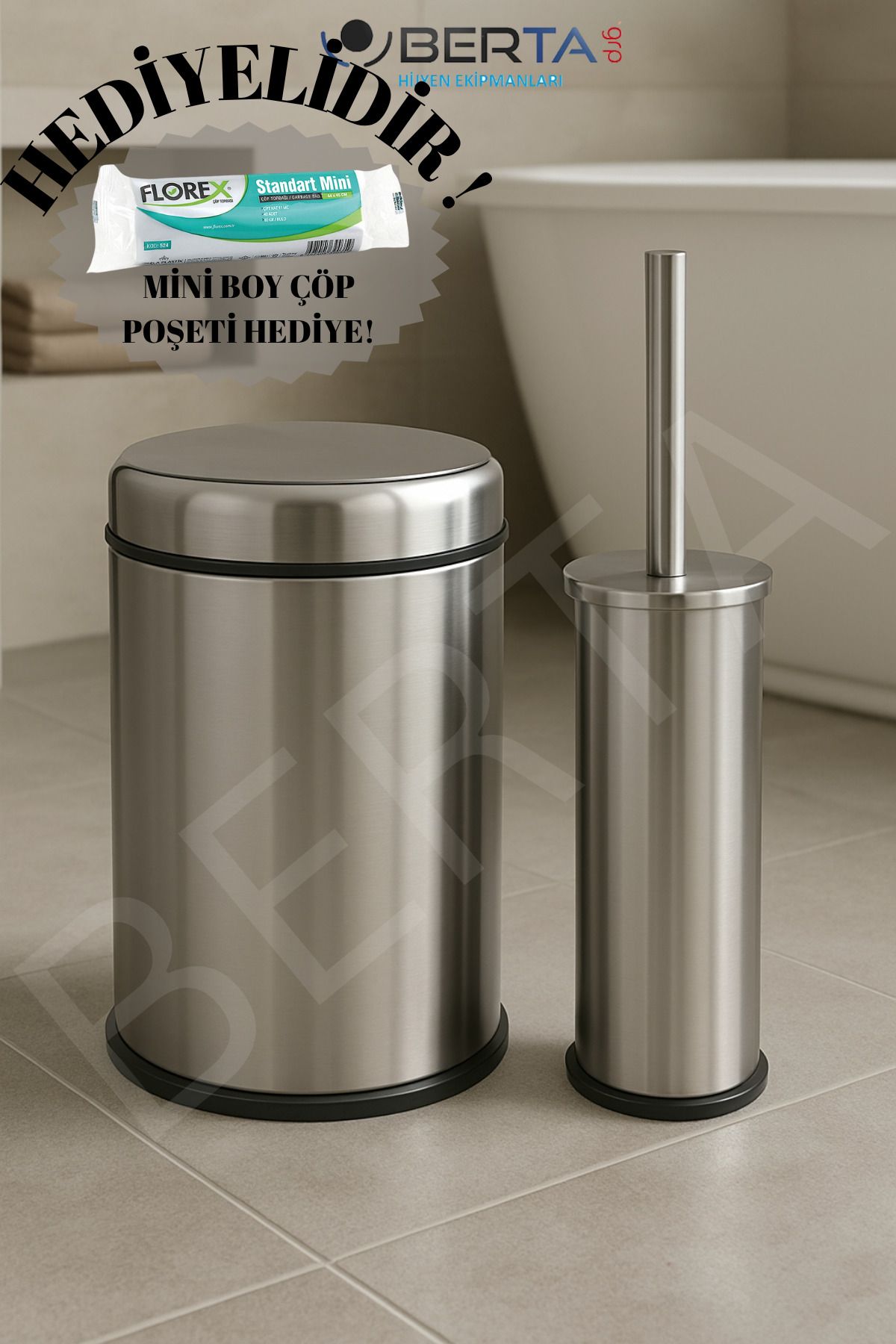Berta Hijyen-Metal Practical Lid Trash Can 8Lt and Toilet Brush Bathroom Set - Mini Size Garbage Bag Is a Gift 1