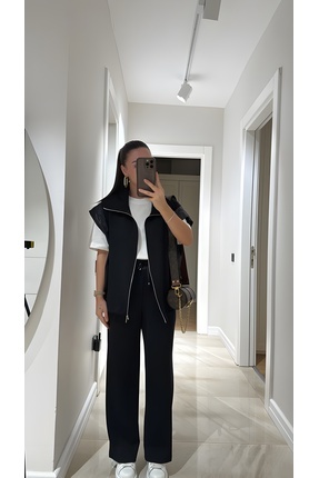 TLG GİYİM Kadın Yelek Pantolon Takım Bel Lastikli Fermuarlı Yelek Şık Alt-Üst...