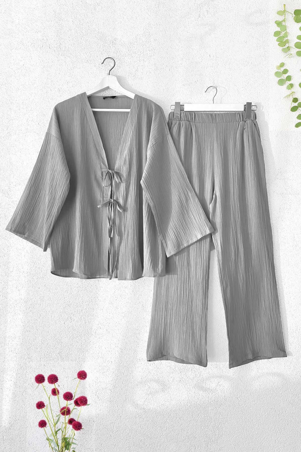 MODAQU-Front String Laced Crinkle Kimono Trousers Double Set - Gray 3