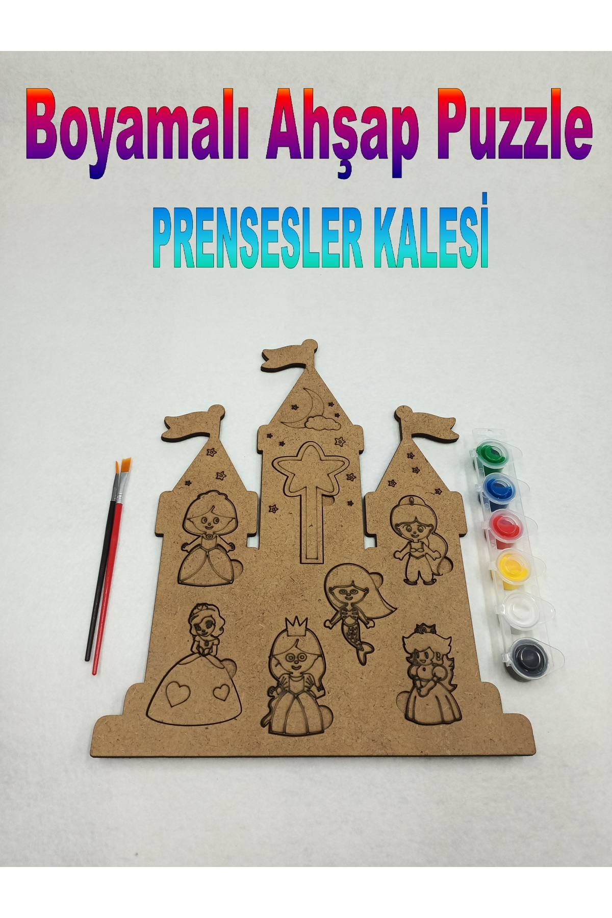 Boyamalı Ahşap Puzzle Prensesler Kalesi (yapboz) + boya seti ve fırçalar
