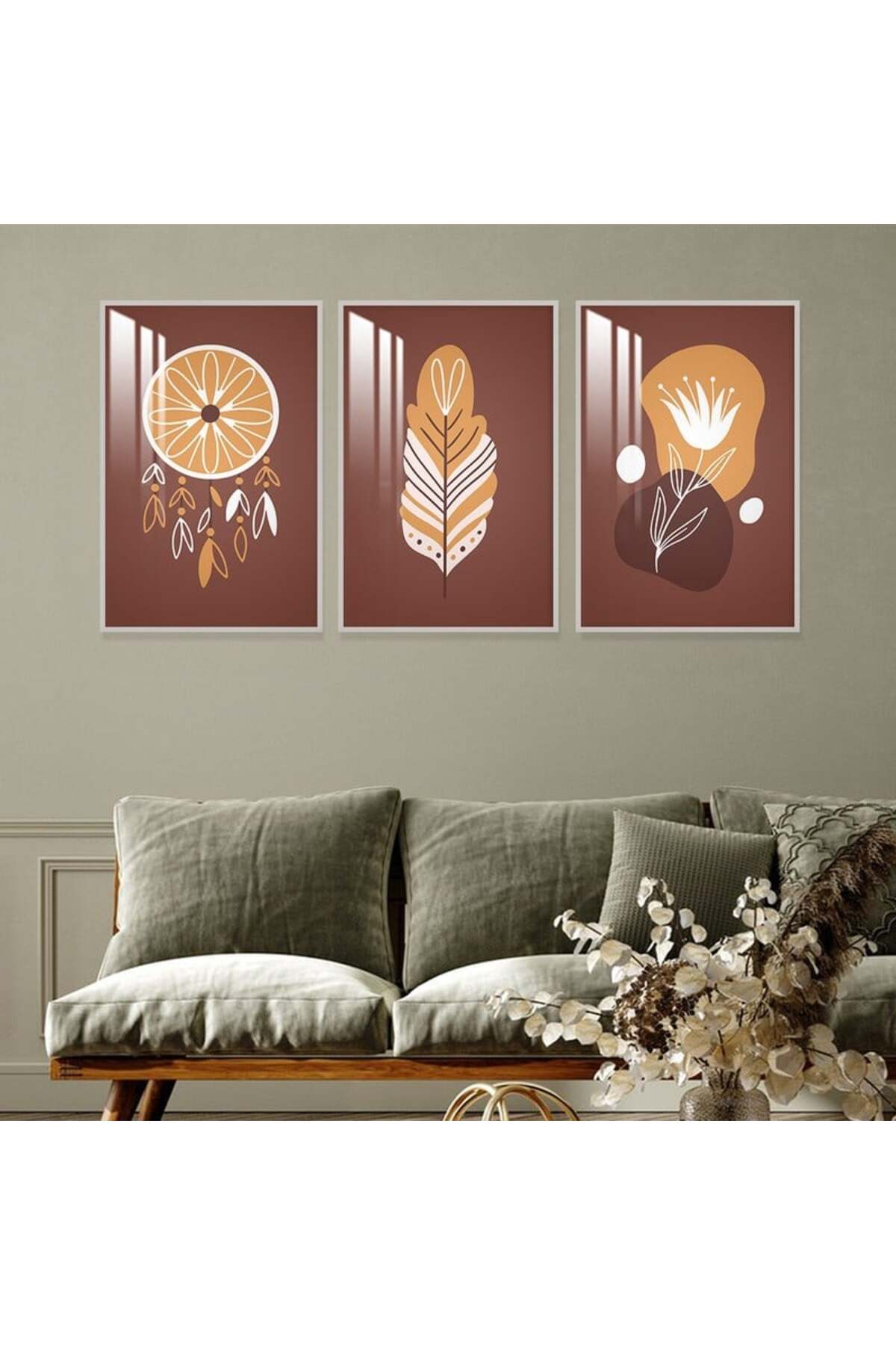 Three wooden wall panels with bohemian art design, with a silver wooden frame, and a layer of transparent acrylic.