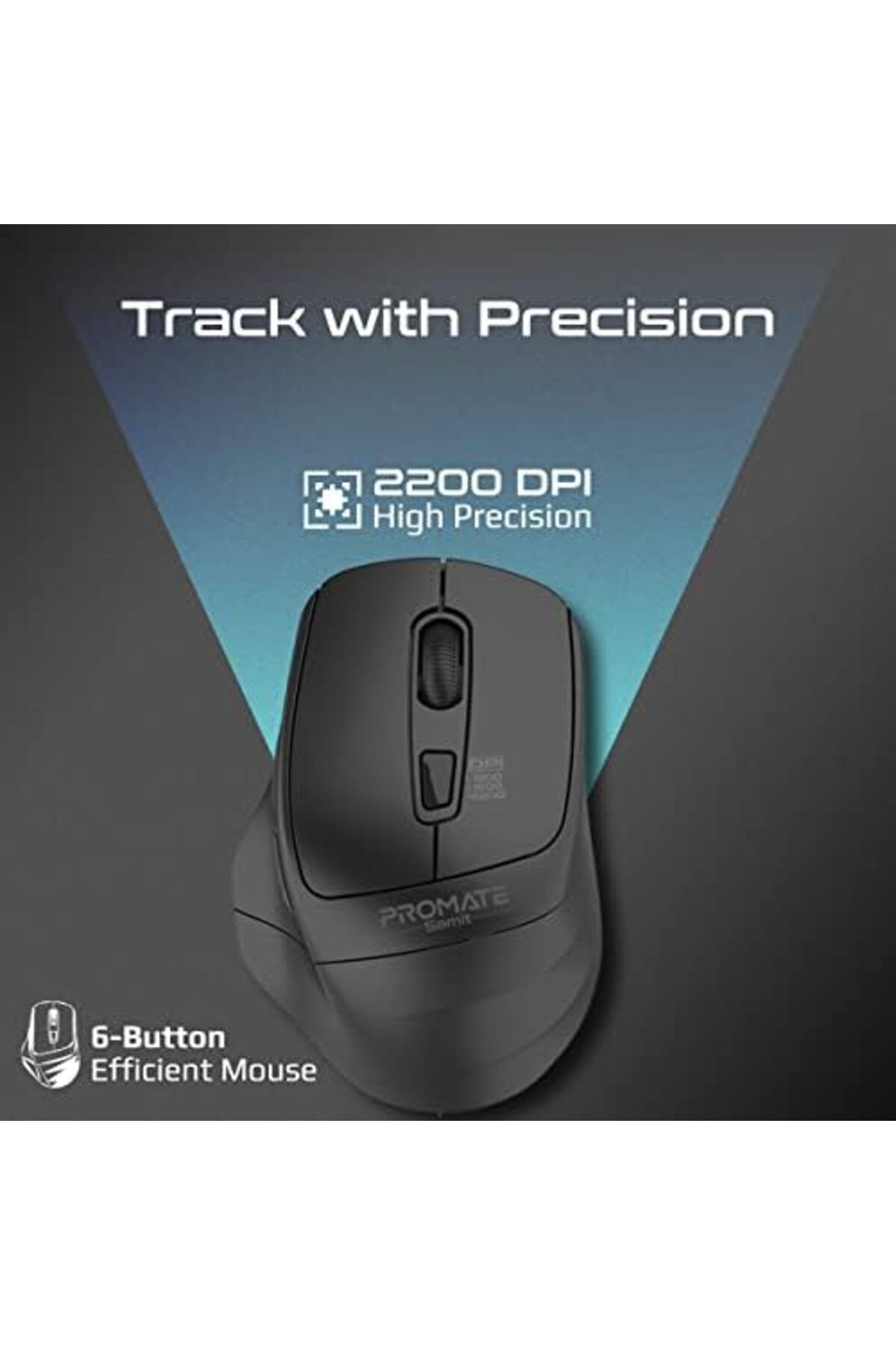 Promate-2200DPI Mouse, Premium Ergonomic 2.4GHz Cordless Silent Keys Mouse with Optical Sensor, DPI 3