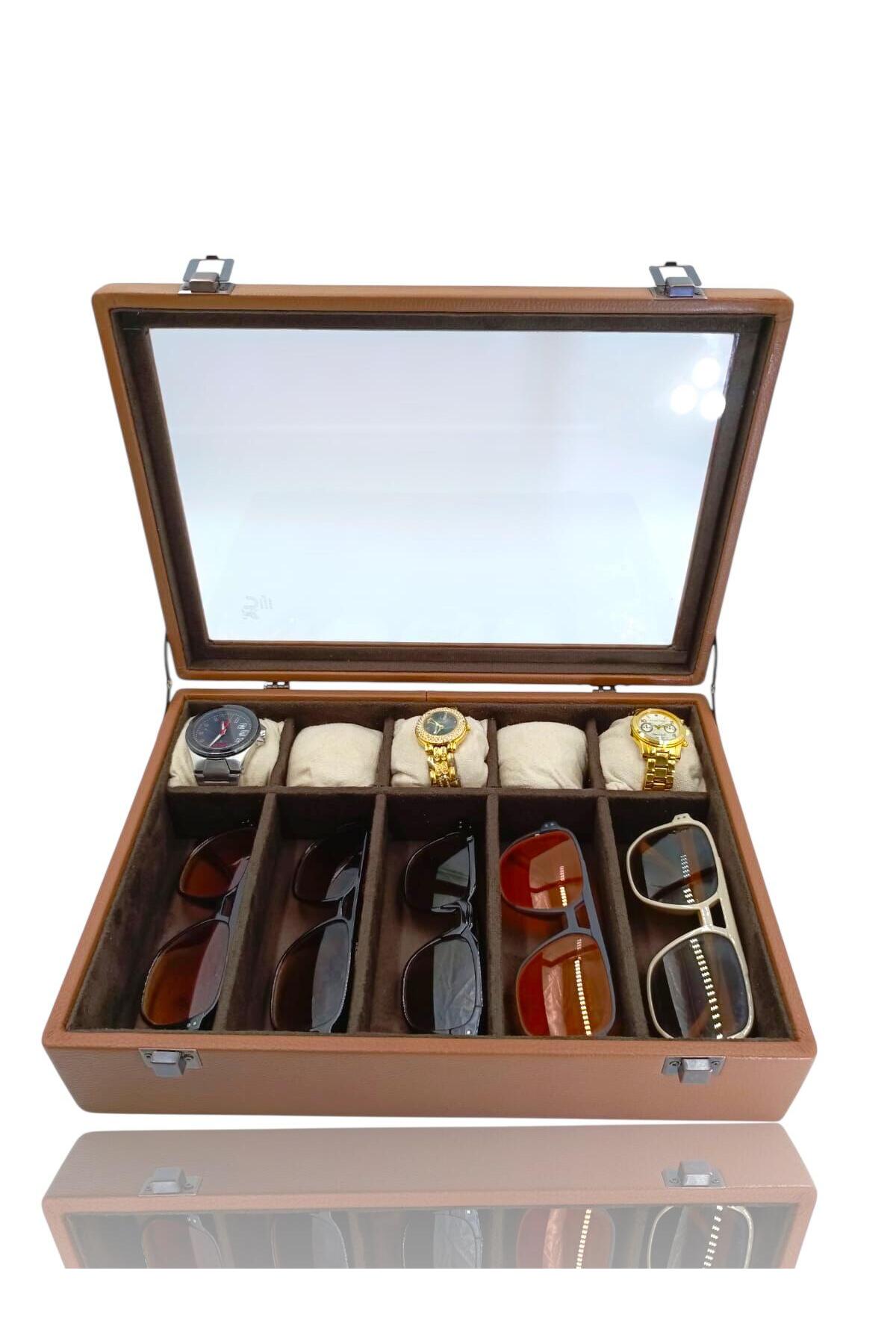 Diji 5 Glasses 5 Watch Box Watch And Glasses Bag In Tan Coffee CREAM PADDED