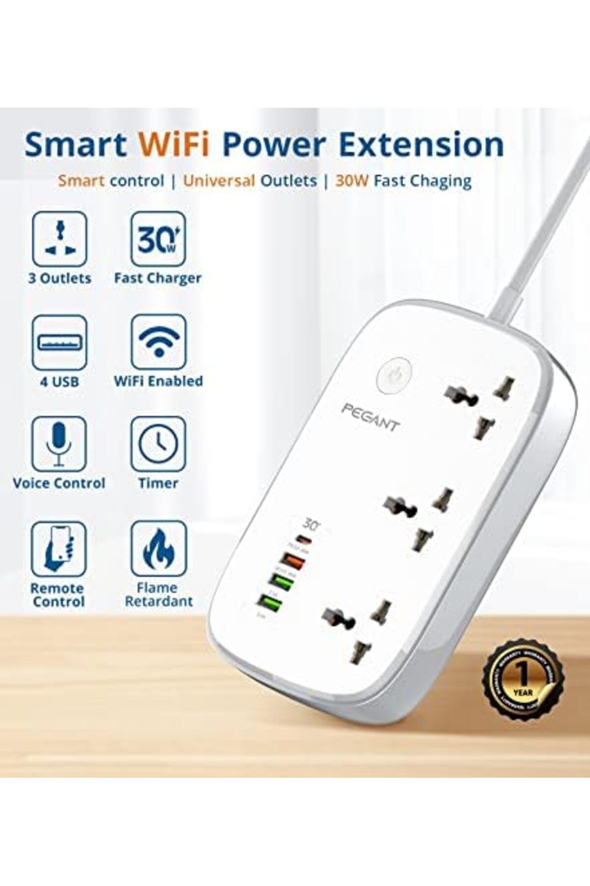 Generic-PEGANT Wifi Smart Power Strip Extension Cord Surge Protector Socket Multi Plug, Compatible with Alex 4