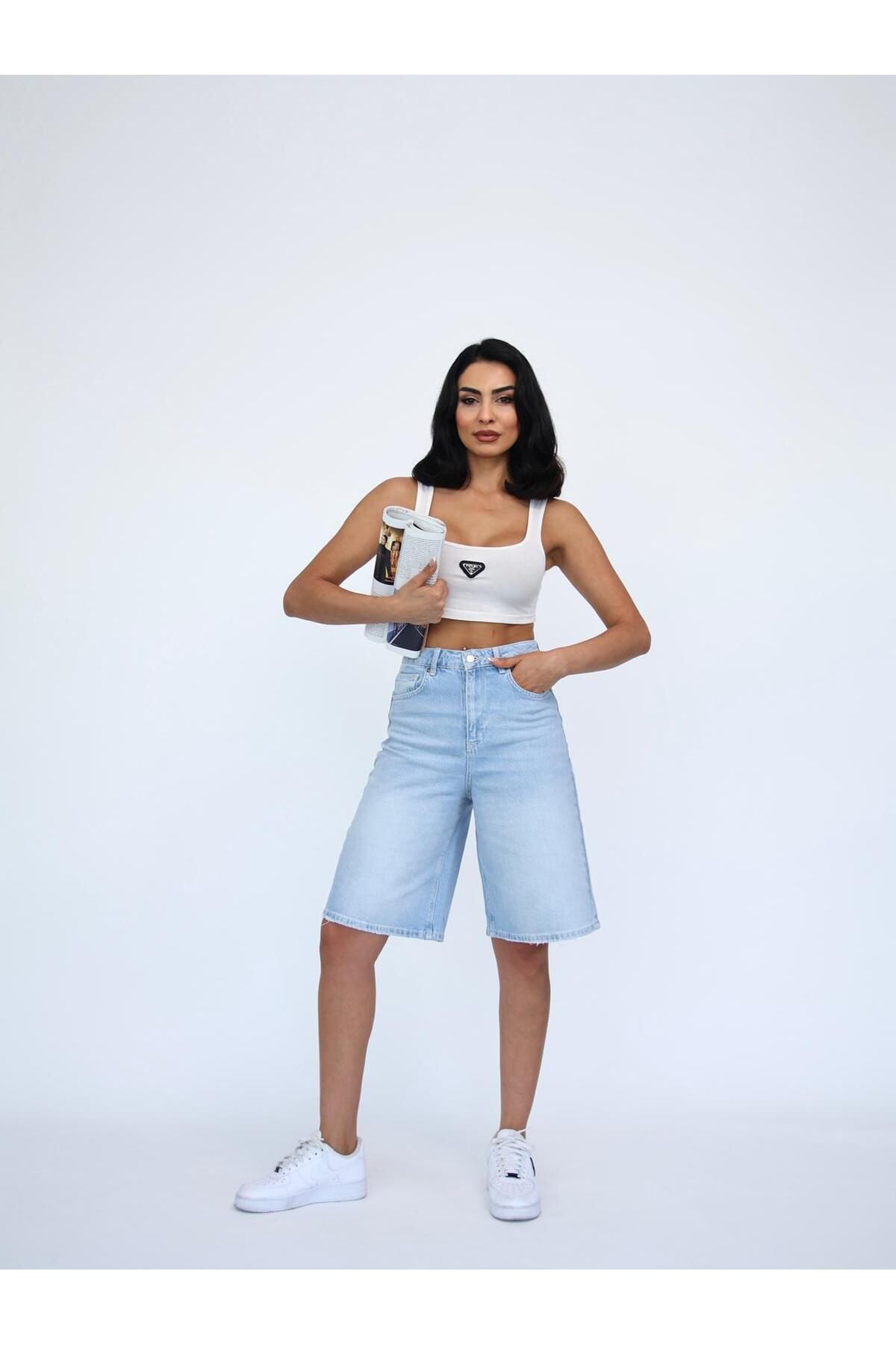 Zeo Basic-Pantaloni scurți de damă, lungime midi, albastru deschis, Lycra 2