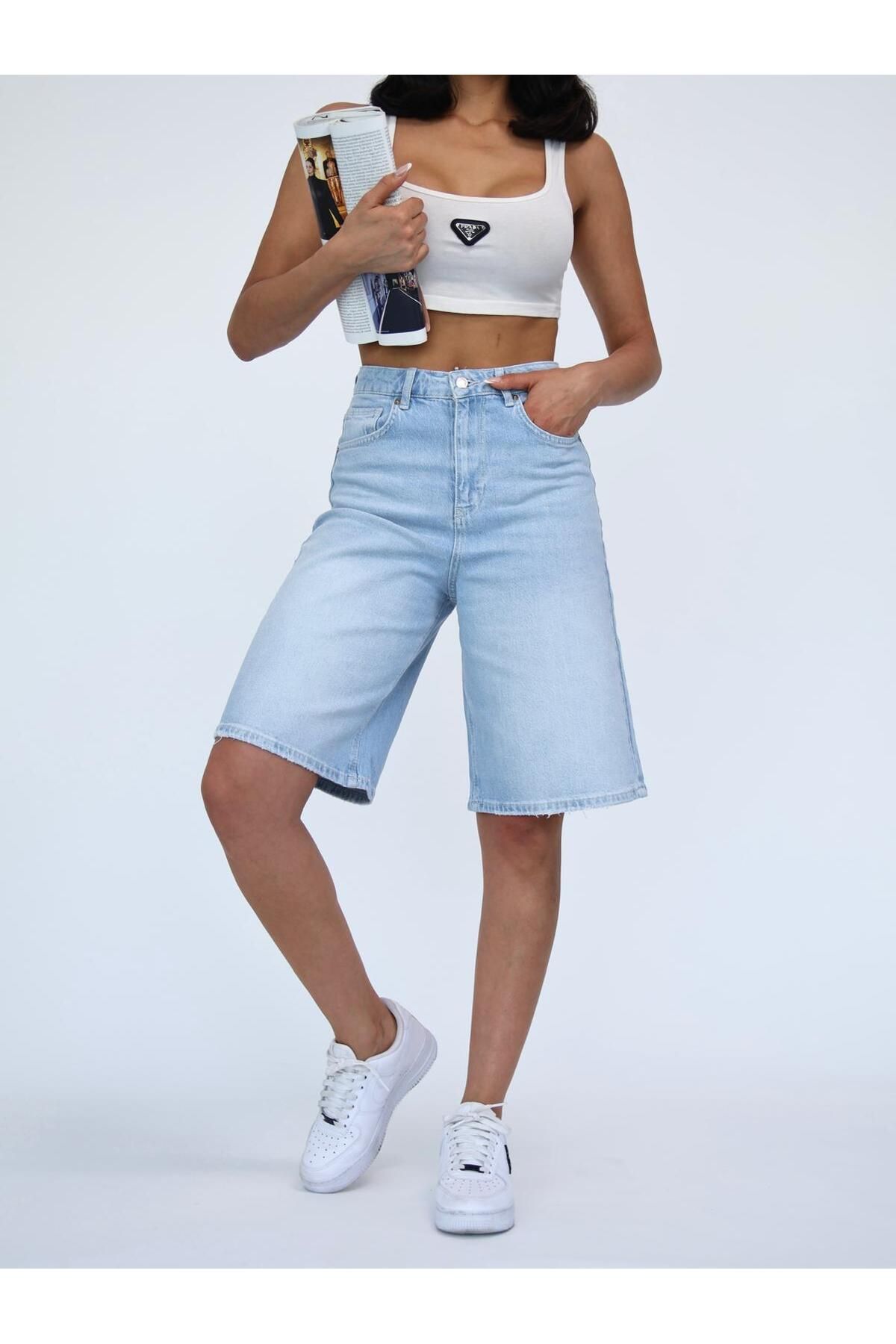 Zeo Basic-Pantaloni scurți de damă, lungime midi, albastru deschis, Lycra 4