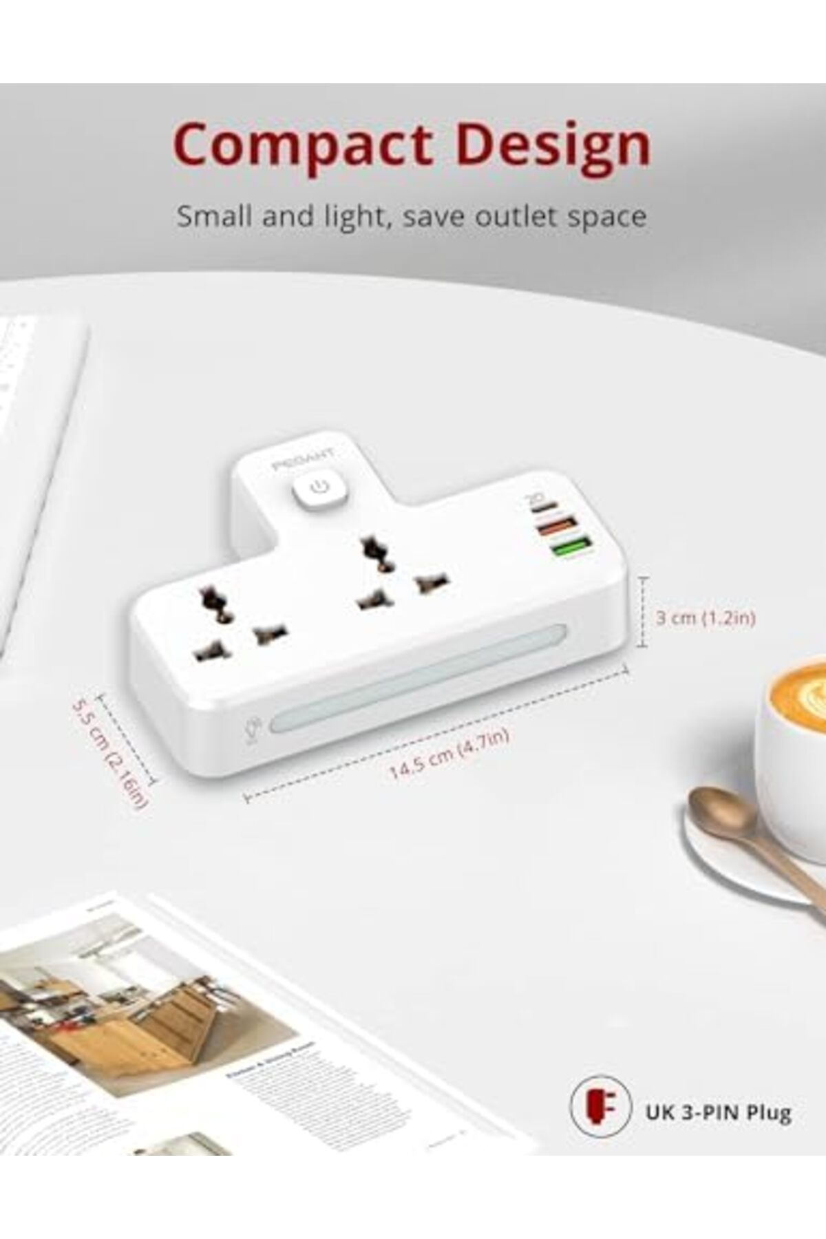 Generic-PEGANT 3 in 1 Power Extension Socket Plug Adapter, 20W USB-C PD Quick Charge Port, 2 USB-A QC3.0, 2 5