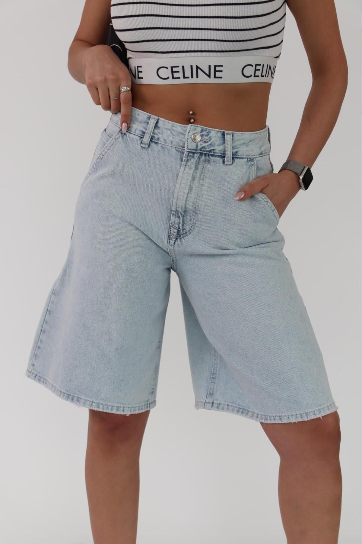 Zeo Basic-Pantaloni scurți bermuda de damă, lungime midi, albastru gheață deschis 5