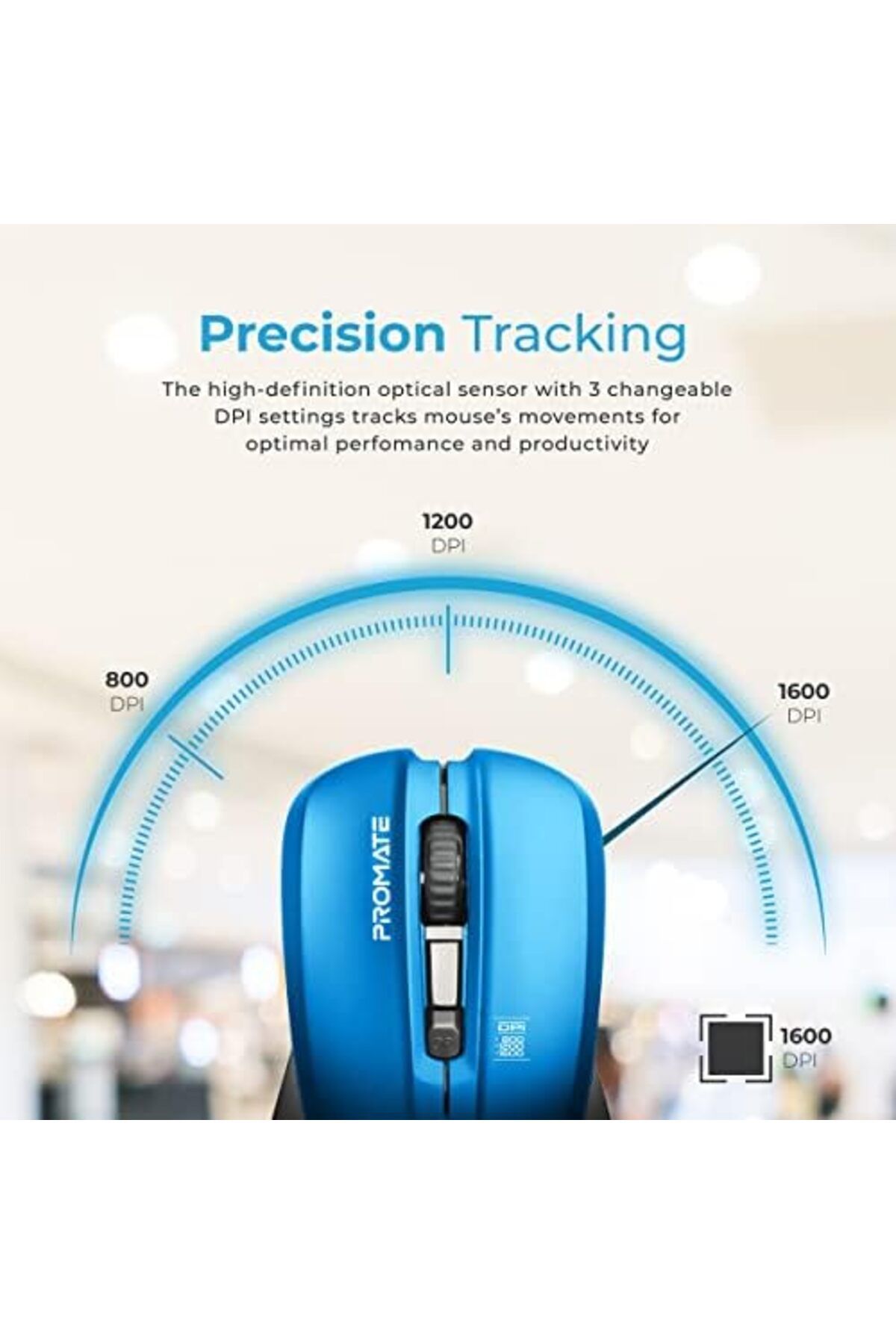 Promate-Ambidextrous Wireless Mouse, Ergonomic 2.4 GHz High-Precision Optical Mouse with 10m Range, 3