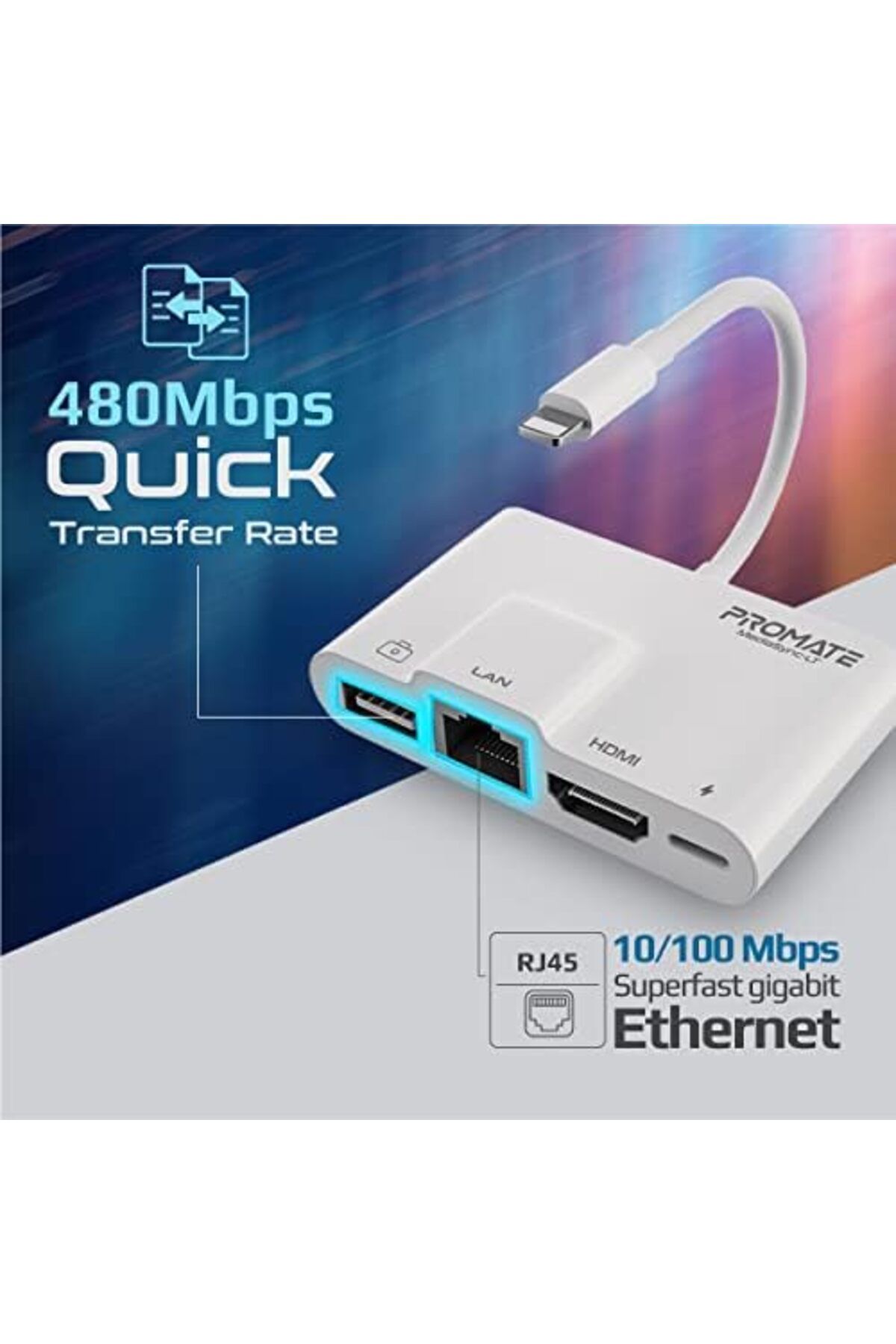 Promate-Lightning to HDMI Adapter for iPhone/iPad, Portable 4-in-1 OTG Lightning Multimedia Hub 4